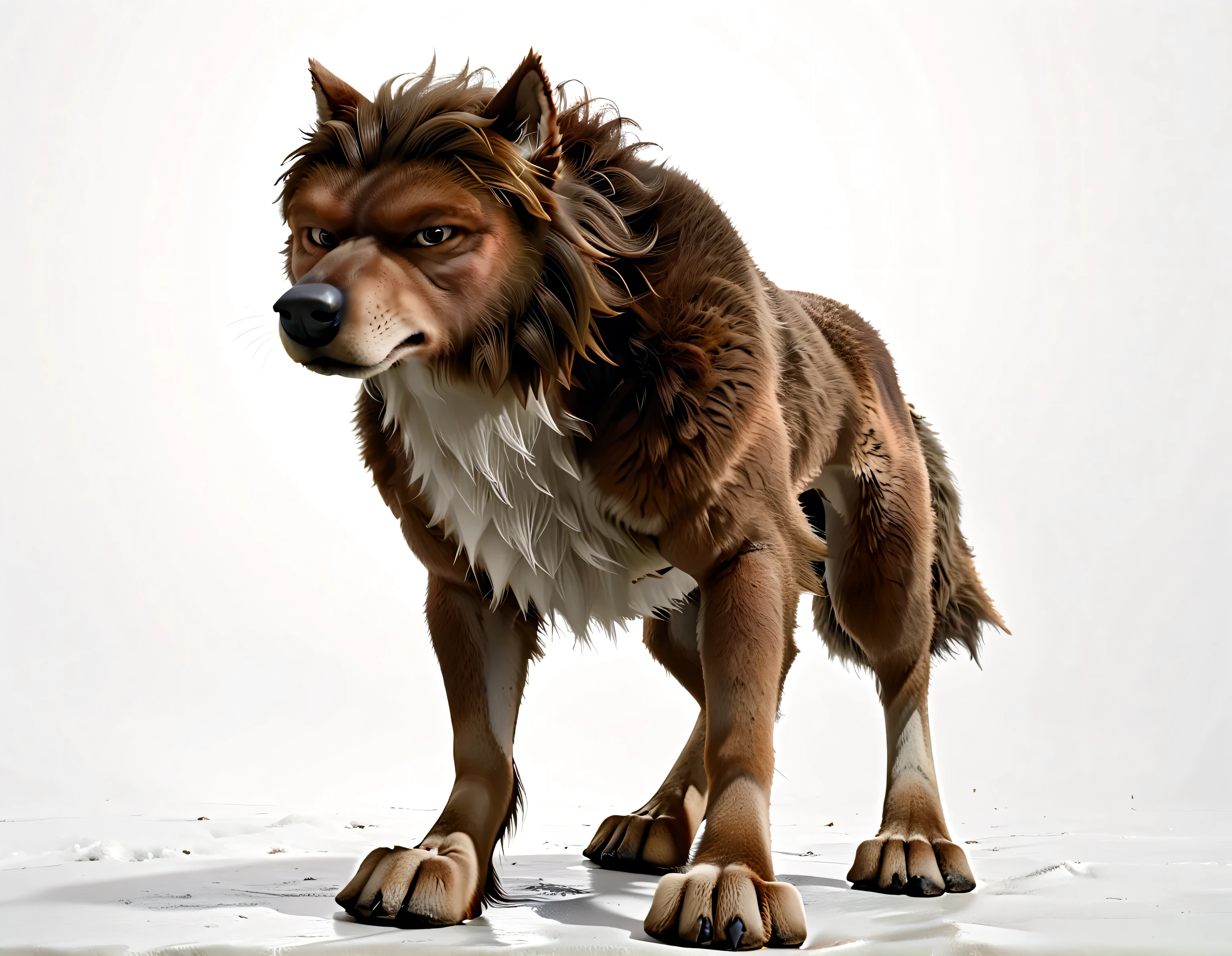 --AO, full view, full body, looking at viewer, feral, wolf, old wolf, male, brown eyes, tail, solo, (white background, simple background), proud, standing tall, strong body, muscular, muscular forelegs, muscular hindlegs, looking at viewer,