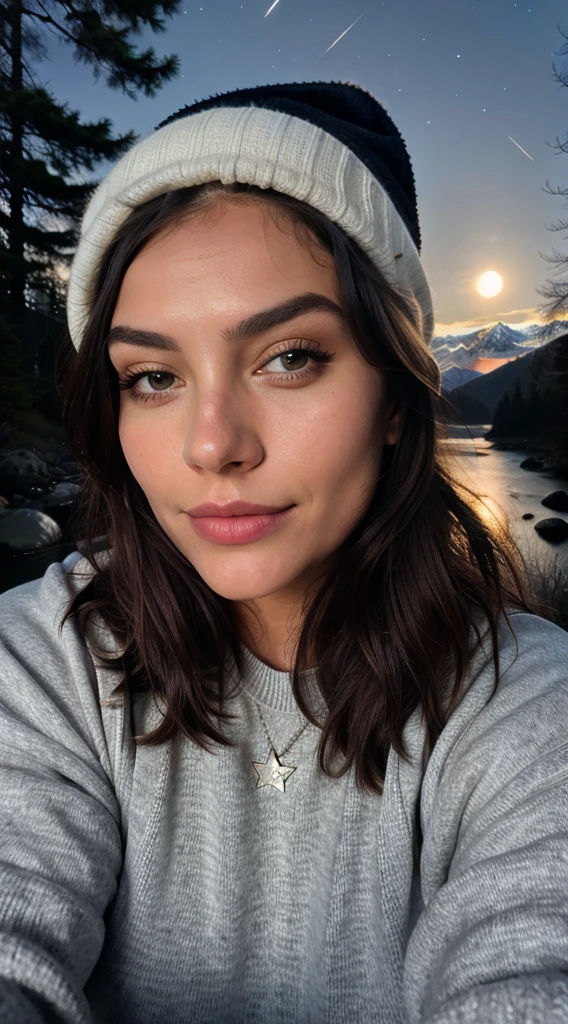 Selfie shot Beautiful brunette with blonde highlights wearing a selfie photo, upper body, solo, wearing pullover, outdoors, (night), mountains, real life nature, stars, moon, highly detailed, 22 years old, , boobs, innocent face, natural wavy hair, blue eyes, high resolution, Masterpiece, Best quality, Intricate high detail, Highly detailed, Sharp focus, Detailed skin, realistic skin texture, texture, detailed eyes, professional, 4k, charming smile, shot on Canon, 85mm, shallow depth of field, Kodak Vision Color, Perfect Fit Body , extremely detailed, photography_\(ultra\), Photorealistic, Realistic, Post-processing, maximum details, roughness, real life, ultra realistic, Photorealism, photography, 8k UHD, photography, busty
