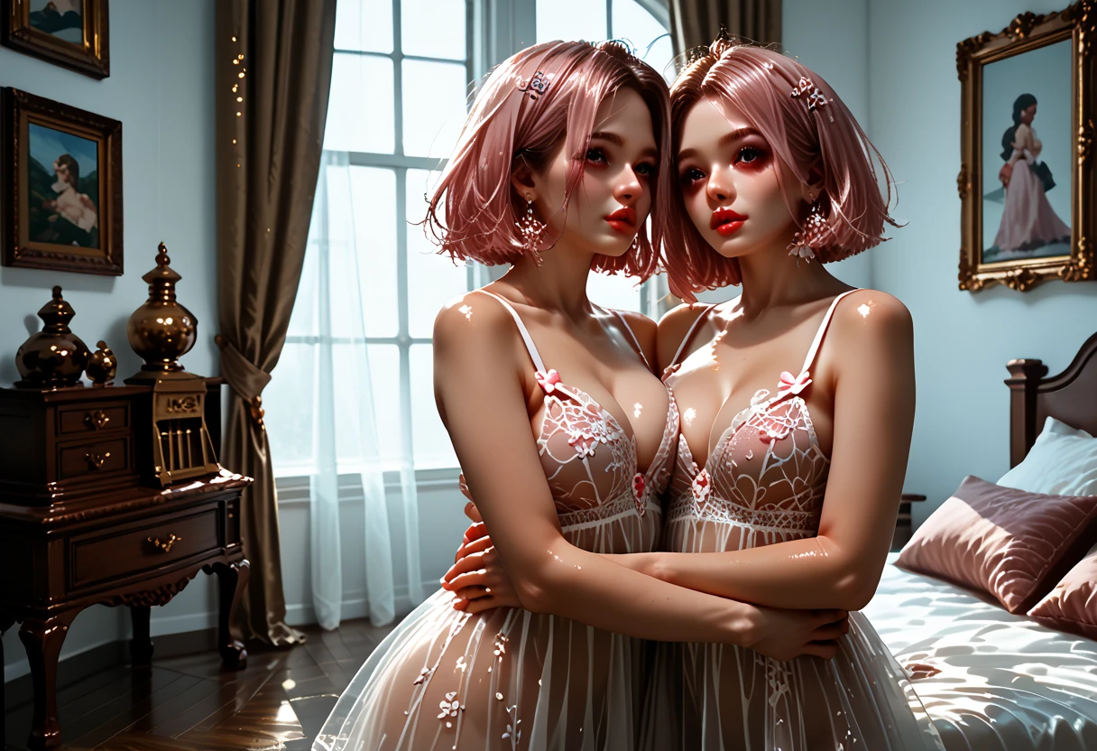 ((highest quality)), ((masterpiece)), (be familiar with), (perfect face), (ultra high resolution:2), (pov:1.8), (most beautiful girl), (beautiful symmetry face), (perfect sexy figure:2), (perfect sexy proportion:2), (beautiful body), (huge breast:1.7), (big breast:1.8), (ultra soft breast:1.9), (very soft breast:1.9), (very soft cleavage:1.9), (great cleavage:1.1), (tank top that emphasize cleavage:2), (pose that emphasize cleavage:2), (high detailed unique fashion:1.5), (kind smile:1.4), (her chest facing to me:1.6), (her body facing to camera:2.1), (girls are sitting on bed:2), (crowd of girls:1.9), (many girls:1.2), (micro skirt:1.8), (sexy high slit dress:1.6), (party dress:1.3), (v-strings high waist:1.8), (extreme high waist:1.4), (silvery pink hair:1.5), (short-bob hear:1.7), princess, (European woman:1.9), (hotel resort:1.2), (gorgeous bed room:1.8), (gold sexy party dress:1.1), extreme sexy dress, super sexy dress, (gorgeous suite:1.9), royal, (gorgeous:2), seductive pose, brown eyes, (beautiful navel:1.1), (her gaze is on camera:1.5), (transparent glass wall:1.5), (big window:1.3), high detailed room, (gentle lighting:1.3), non-nude,