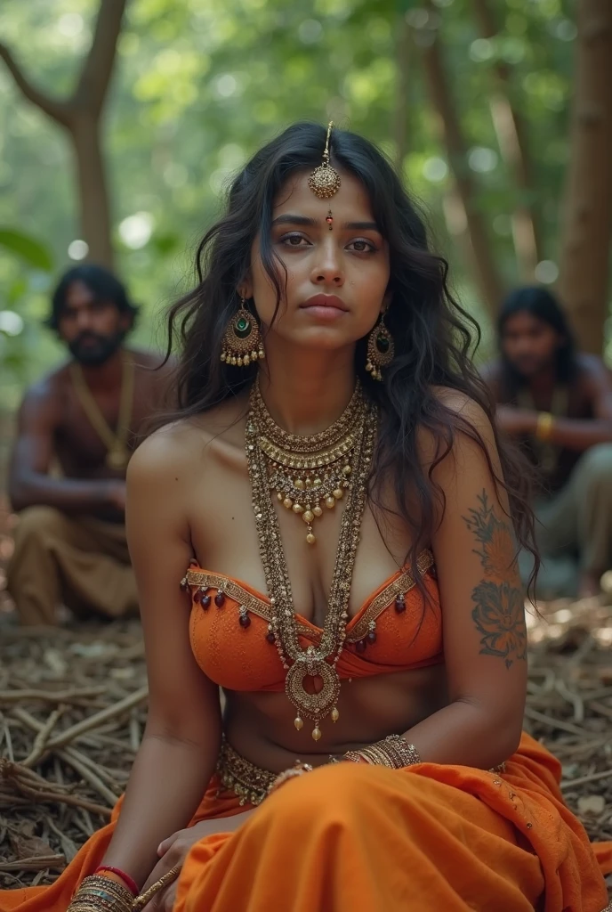Village Indian woman wearing no clothes surrounded by naked Indian men. The Indian women should be at the centre. the Indian naked men would be touching the breasts of Indian women in a seductive way