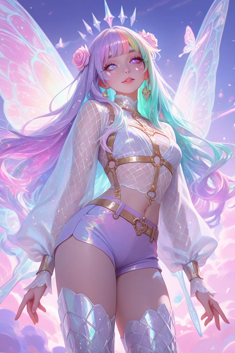((ultra quality)), ((realistic,digital art)), (hyper detailed) Hyperrealistic image Beautiful woman in a white bikini standing in front of a window, a hologram of Isabel Naftel, instagram, super flat, white background, full body, sensual, fairy, starry night, pink color, blue color, gold color, black color, anime style 3d ilya kuvshinov style