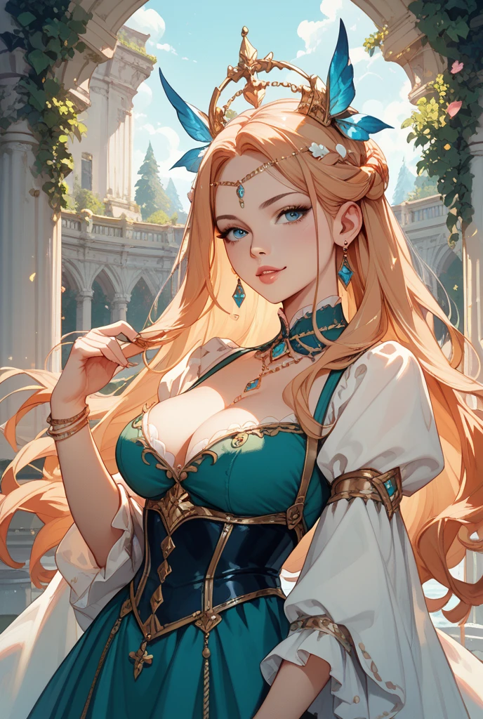 1lady, solo, mature female, long blonde hair, blue eyes, masterpiece, best quality:1.2) delicate illustration, ultra-detailed, blush kind smile, upper body, (from side), (looking at viewer), huge breasts, (cleavage), seductive pose, forest