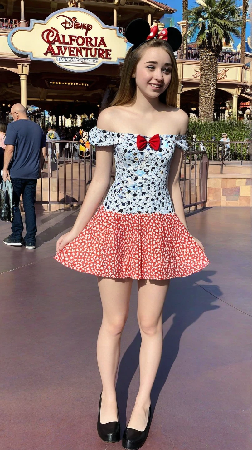 (masterpiece, highest quality, high quality, best quality:1.3, realistic), portrait of a 1girl standing, wide hips, small breasts, 1950's clothing, summer dress, (mini skirt), 2020's hairstyle, (alluring smile:1.2), full body