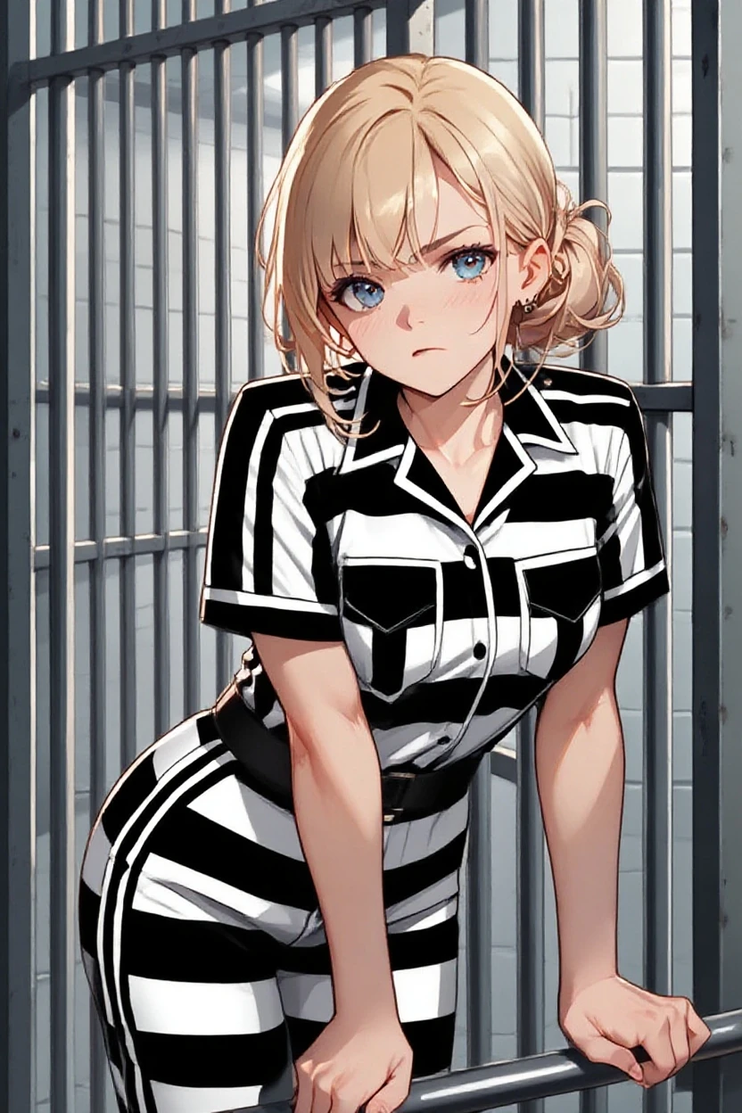 Prisoner, Girl in prison, Imprisonmentされた, Imprisonment, Black and white prison jumpsuit, Handcuffed,Shackles, Suppressed, bondage, be interested, Solitary confinement, rock, Long blonde hair, blue eyes