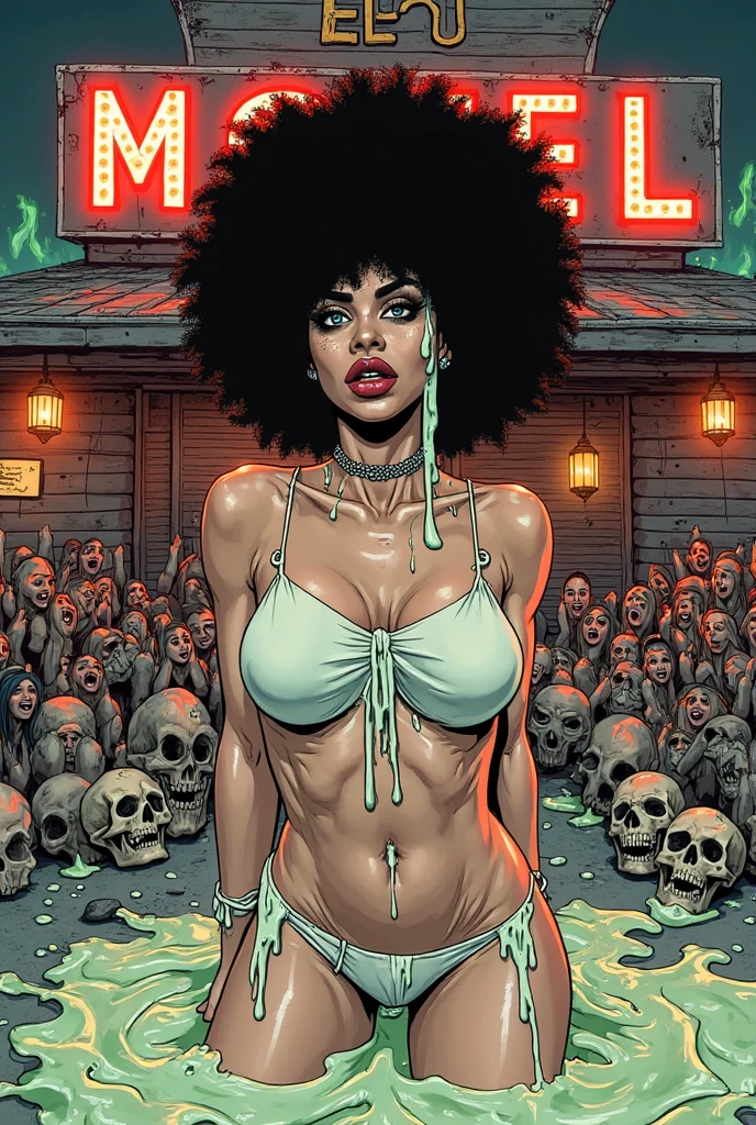 Voodoo new Orleans, black skin milf, curvy, black dress, dreadlocks, skull mask, fondo morado y verde, caldera de bruja