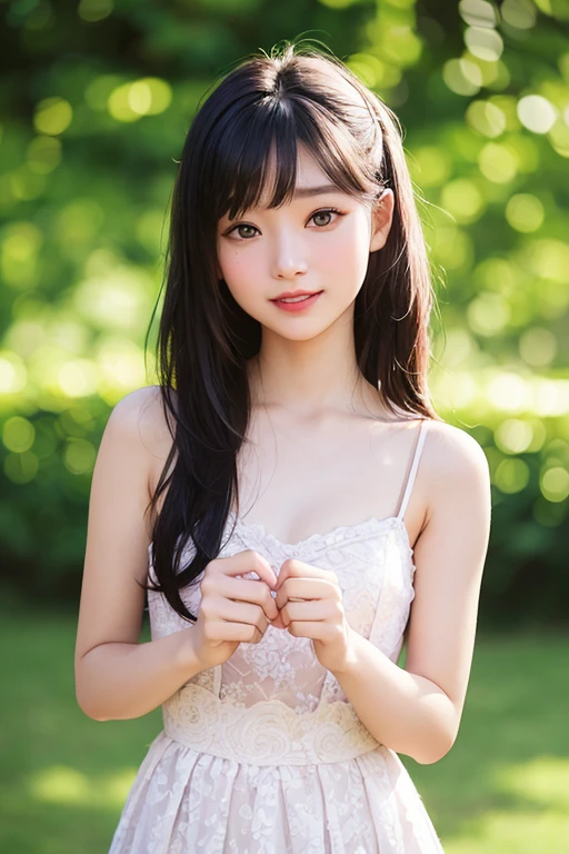 (Best-quality, Masterpiece, Ultra-High-Resolution, (Photorealistic:1.4), Raw Photo, depth of field, professional lighting, perfect anatomy, extremely details), (1girl, 15-years-old, the most famous Japanese-idol), (((panty-shot))), ((looking at viewer, innocent smile)), (((extremely beautiful and extremely realistic skins))), (((big-black-eyes))), (((extremely cute face like the most popular Japanese idol))), (long-eyelashes), (black long-straight-hair), (((wearing white sleeveless-shirt with cute-design and light-pink pleated-miniskirt with cute-design)))