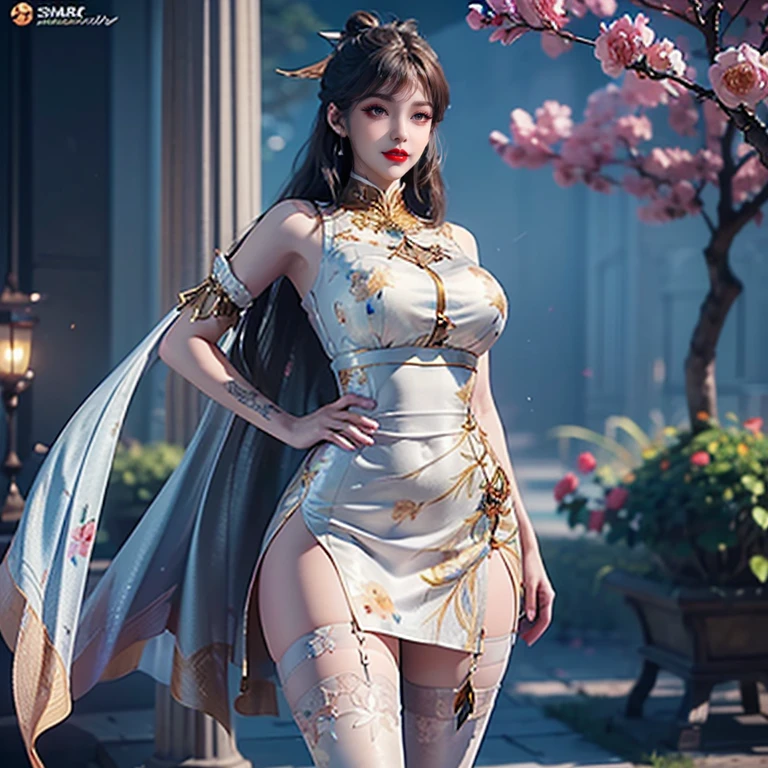 a sexy woman in a white gold and pink lotus lace armor skirt, chengwei pan on artstation, by Yang J, detailed fantasy art, stunning character art, fanart best artstation, epic exquisite character art, beautiful armor, extremely detailed artgerm, detailed digital anime art, artgerm on artstation pixiv, armor girl, cleavage big breasts:1.2, (mini skirt:1,5)