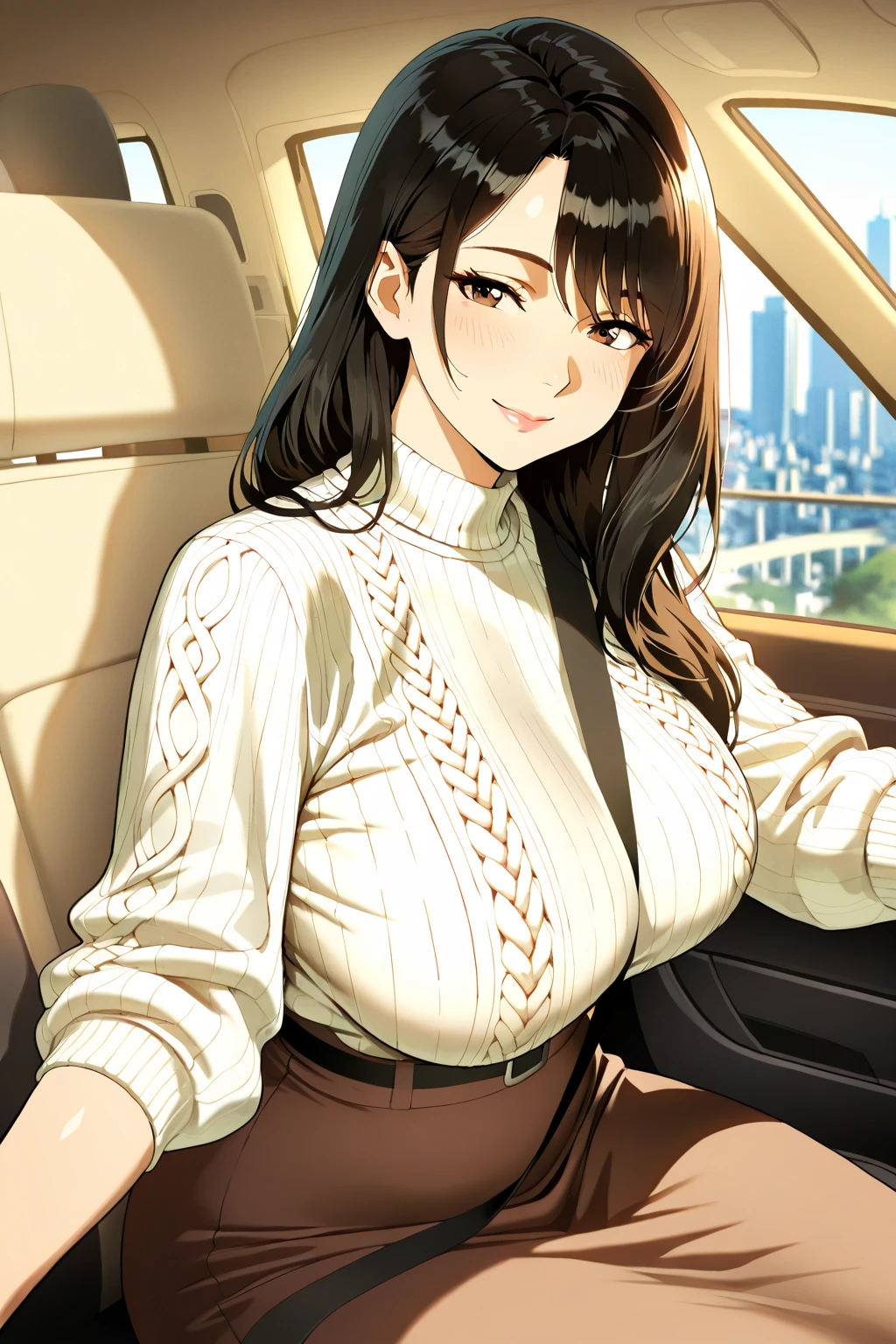 ((highest quality, 8K, masterpiece:1.3)), concentrated:1.2, perfect body beauty:1.4, buttocks:1.2, ((delicate hair)), (sweater dress:1.1) , (Car interior, street: 1.2), Highly detailed face and skin texture, fine eyes, double eyelid, Whitening skin, big breasts, smile, wearing a necklace, ring, A person sitting in a car with his butt up々,(((exquisite female body、sweat,dislike、Sexy Mom, slutty makeup、dripping sweat、oil skin,sparkling skin、realistic skin texture、detailed beautiful skin、shiny skin、shiny white skin)))、angry face、dotei killer sweater、