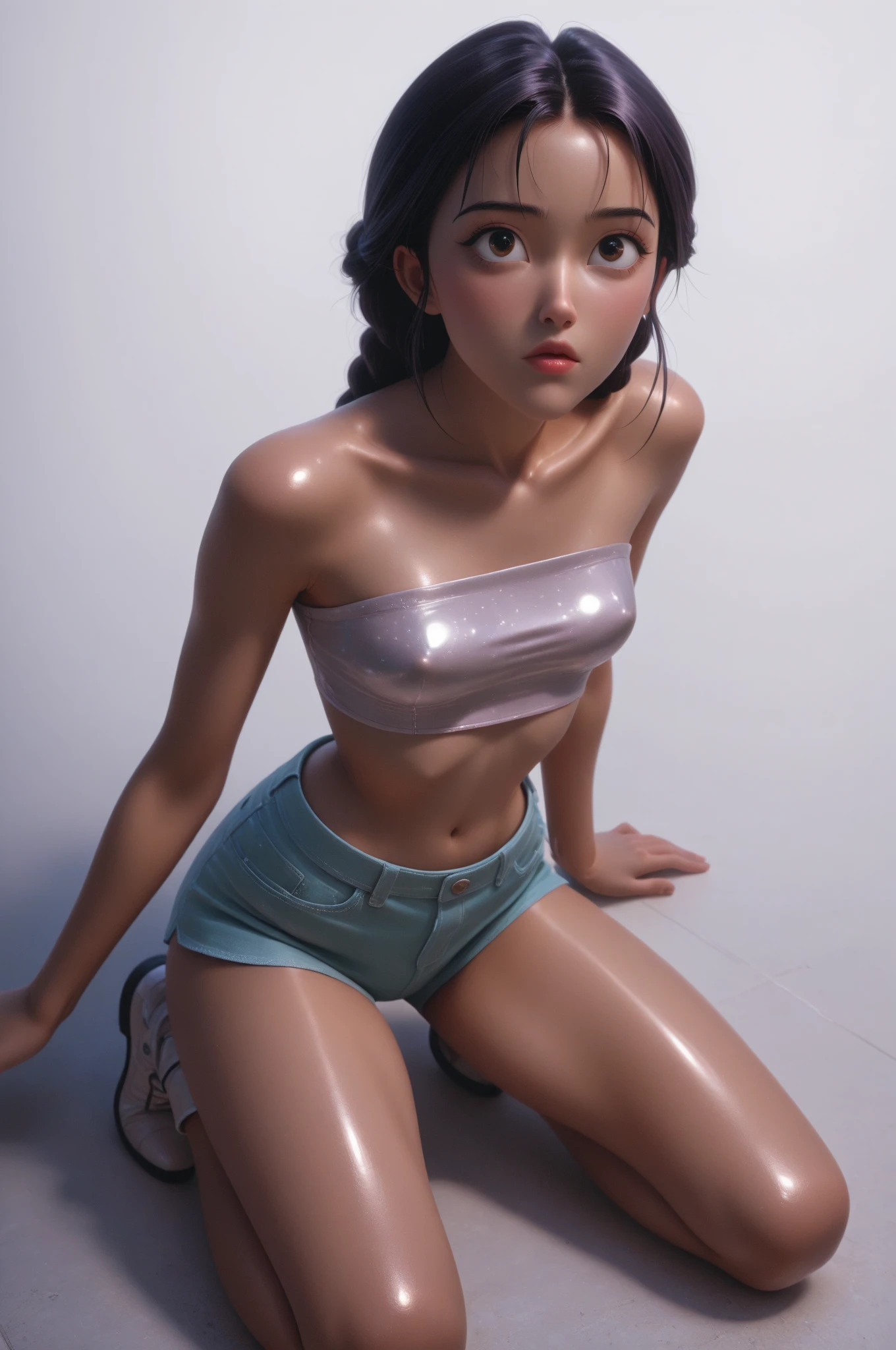 1girl, kneeling, kamisato ayaka, blunt bangs, hair bow, hair ribbon, red ribbon, light blue hair, grey eyes, mole under eye, ponytail, solo, from side, nude, barefoot, blush, wet t-shirt, looking at viewer, blue background, simple background, two side up, lips, closed mouth, full body, nose, <lora:3DMM_V12:1>, <lora:DDTrueKneeling_v1:0.75>, <lora:Nao_LoRA:0.8>, <lora:kamisato ayaka:0.75>, <lora:Wetshirt:0.7>