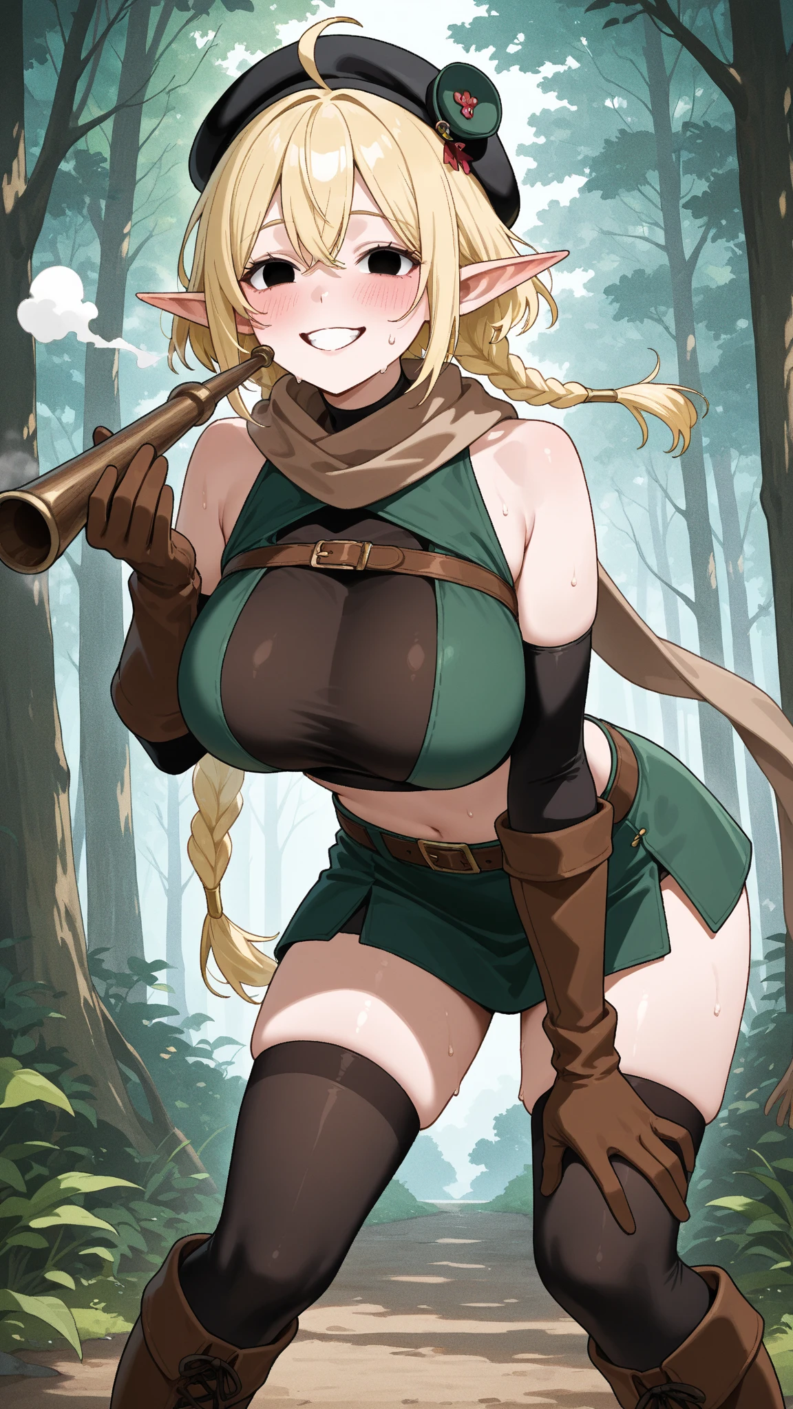 1girl, (masterpiece), (high resolution), (8K), (extremely detailed), (4k), perfect face, nice eyes and face, (best quality), (super detailed, intricate details, very aesthetic), detailed face and eyes, (solo), textured skin, absurdres, highres <lora:elfuda-10:0.7>, elfuda_wz, blonde hair, short hair, french braid, long pointy ears, large breasts, blue eyes, thigh boots, green leotard, brown boots, thigh boots, elbow gloves, brown gloves, cleavage cutout, bare shoulders, highleg leotard,  leather boots, outdoors, forest, nature, from below, hand on hip, :d, day