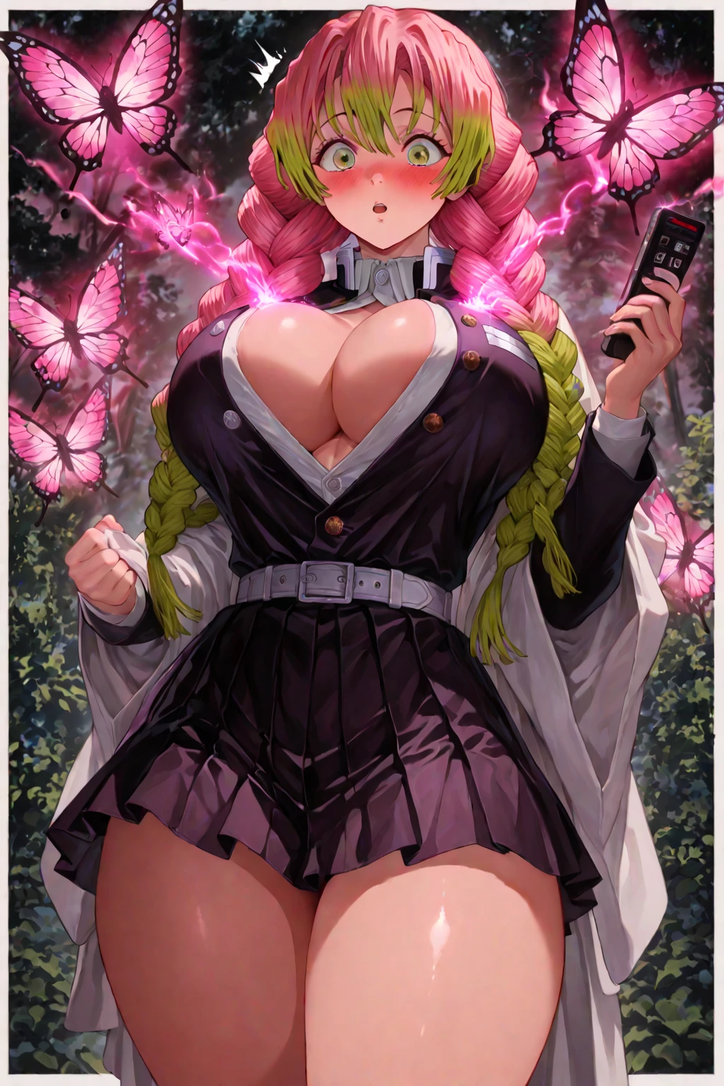 1girl, lwmmg, (gtsplanet:1.2), continents, space background, stars, (sitting on earth:1.2), (moon in sky:1.3), <lora:GTSv5:1>, <lora:hyperfusion_213k_32dim-LoCon-epoc6-v5:1> <lora:mitsuri:1> <lora:MitsuruDS:1> ((Mitsuri Karonji)), (lemon green eyes:1.4), (moles under eyes) large breasts, big ass, thighs, ultra-detailed, highest quality, demon_slayer_uniform, long_sleeves, looking_at_viewer, japanese_clothes, breasts, haori, cleavage, jacket, large_breasts, open_clothes, skirt, belt, black_skirt, pleated_skirt, thighhighs, green_thighhighs, zettai_ryouiki, MitsuriDS, exposed breasts