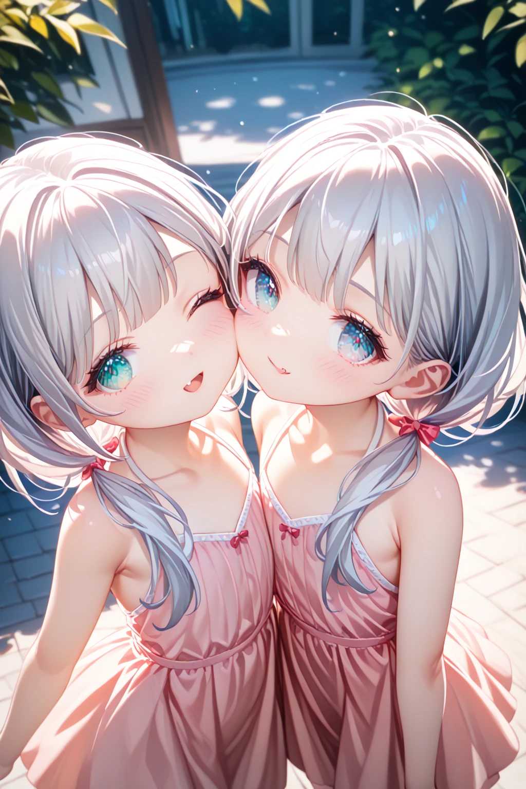 Innocence, Dark green hair, Twin tails, Put your arms behind your back, White Dress, Black waist tie, girl,blue eyes,