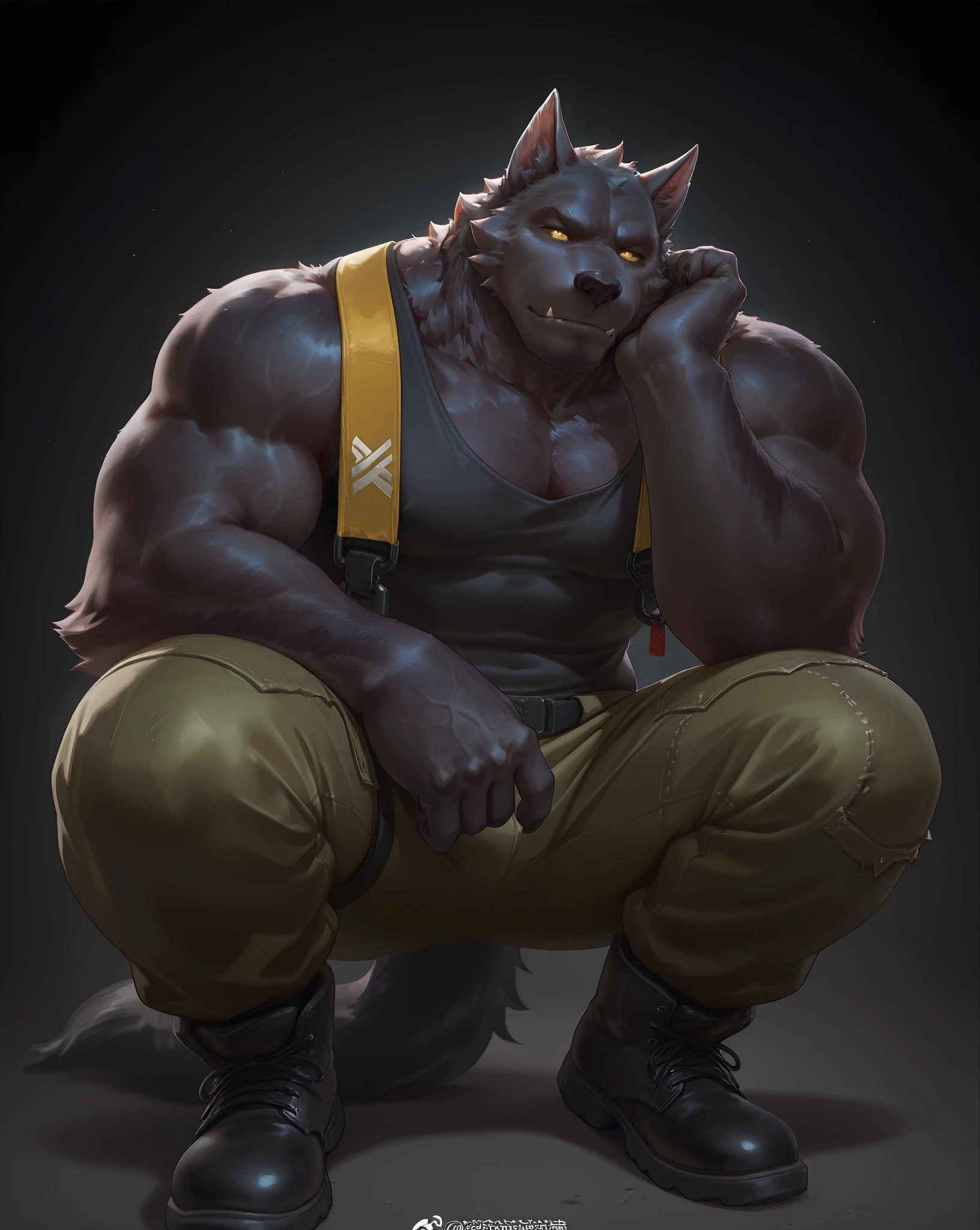 Solo, wolf, (((black body, all black fur, no white fur, no fur pattern, plain fur, plain black fur, black fur))), snout, long snout, teeth, smirking, red eyes, muscular, mature male, father figure, , daddy, fangs, massice biceps, wide waist, broad shoulders, strong thighs, white teeth, black hair, very short hair, beard, detailed hands, well drawn hands, big bulge, detailed bulge, detailed  outline, detailed gential outline, camo cargo shorts, , dogtags, alleyway, night, dramatic lighting, standing, by darkgem, by mystikfox61,