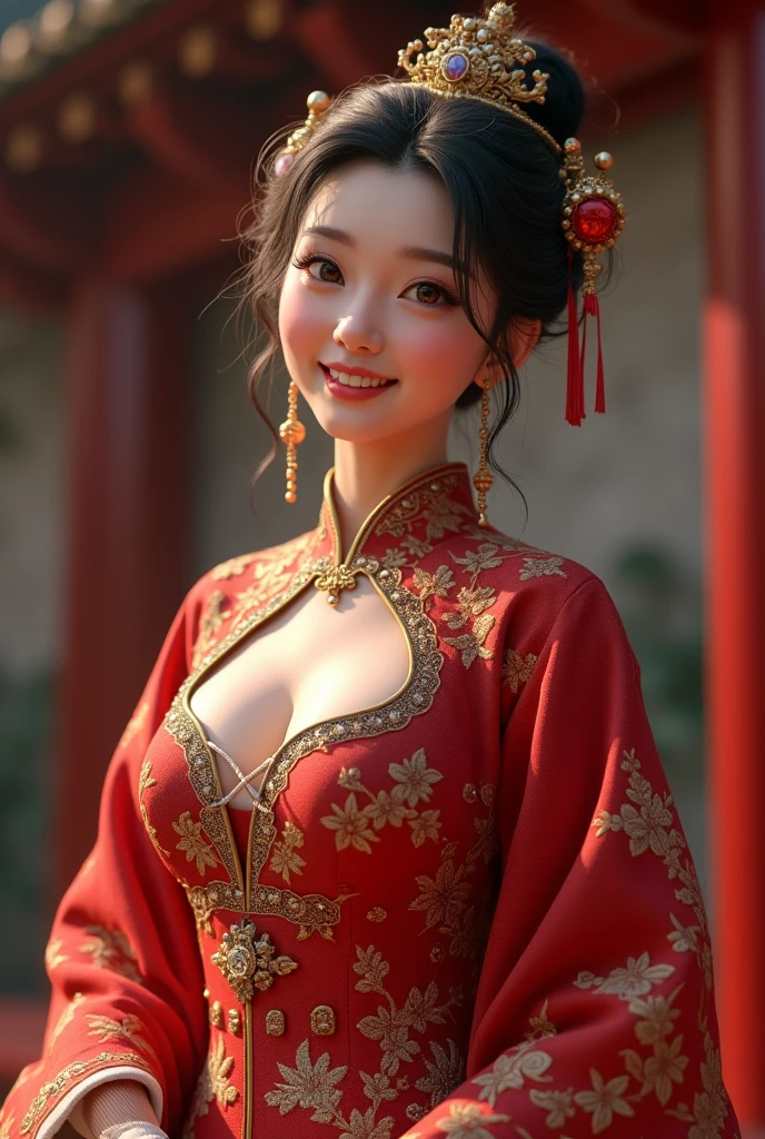 ((top-quality、masutepiece、8K、Top image quality、Highly complex and detailed depictions))、(Photo of the upper body of a Chinese prostitute:1.3)、Chang'an garrison at night、The most luxurious ancient Chinese architecture、The most luxurious ancient Chinese costumes、((The most gorgeous Chinese prostitute huge costume、the most vivid and luxurious costumes、big long costume、The most luxurious and huge garrison、An unimaginably luxurious garrison、A very luxurious and huge garrison、Huge red light district at midnight、Very complex decoration、A very clear Chang'an garrison))、(View me、Bewitching smile、Perfect makeup、long eyelashes、pink lipsticks、Pink eyeshadows、perfect anatomia、Biggest smile)