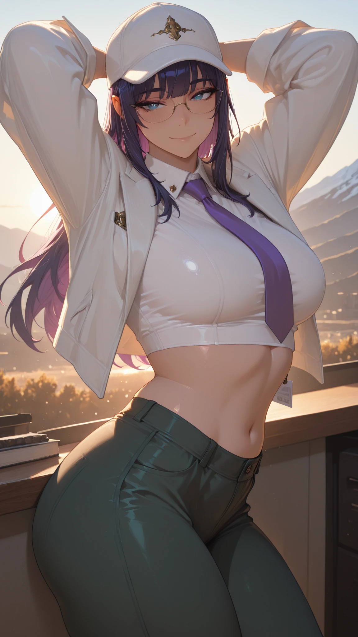 1girl, cowboy shot, beautiful zenin_maki,ponytail,glasses,bangs,green hair,brown eyes,purple jacket, white shorts, black pantyhose, medium breast, cowboy shot, indoors , volumetric lighting, best quality, masterpiece, intricate details, tonemapping, sharp focus, hyper detailed, trending on Artstation,