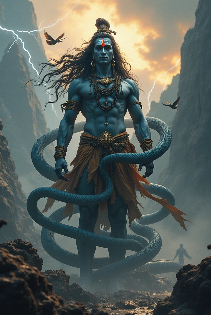 Lord Shiva with a snake around his neck. The snake's face should be visible with open mouth and it should be on the left side. The image must be till his abdomen. The background must be dark and something like galaxy and other stuff 
