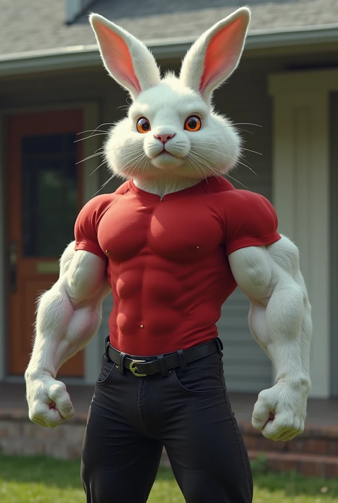 realistic muscular white rabbit from the waist up with long ears, and one of them folded red eyes showing teeth evil face showing hands more open plan