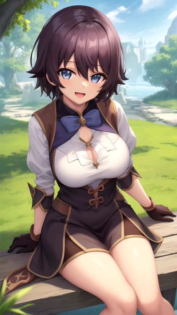(((masterpiece))), ((Highest quality)), (Very detailed), ((High resolution)), ((8K)), ((Anatomically correct)), One very cute girl, Baby Face, (Big Breasts), Short Hair, Braid, Brunette color hair, Letting down your bangs, (Short), (Petite), Charming smile, Emerald Eyes, Best moment, Delicate arms, Detailed skin texture, Intricate details, Very detailedな顔, Beautiful thighs, Beautiful curves, (Sweating), At the park, (Love juices leaking from the vagina), ((Flipping up a skirt with both hands)), (Not wearing underwear),