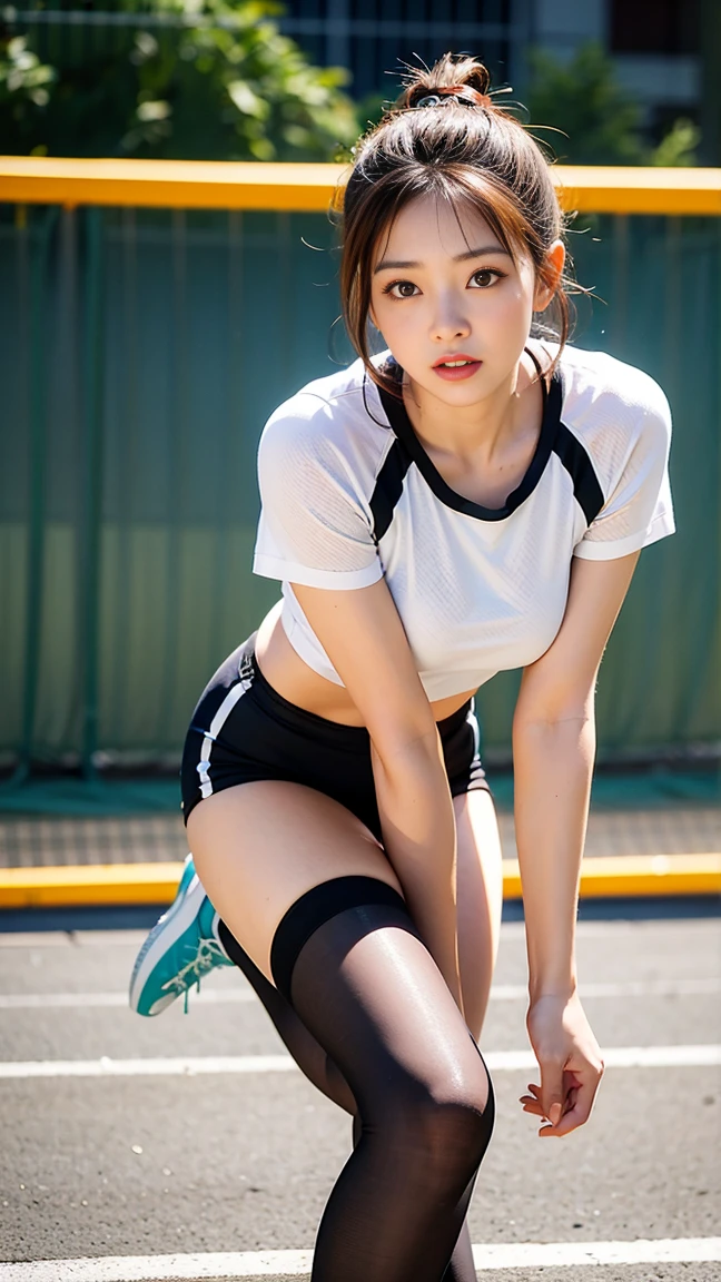 ((Masterpiece 1.8)), 　((Ultra HD)),　high quality,　((Ultra High Resolution 8K,　Realistic Face,　Realistic depiction　high quality3D世界18K))　1 girl　Realistic Face, 　k-popアイドルメイク,　Transparent muscle,　There are no abnormalities in the body or fingers.　Anatomically correct　Anatomically superior　Blonde Short Hair,   ((Full body photo)),　((Detailed depiction of the whole body))　(Volleyball Wear), (Small breasts),Thick lips, Underbust, ((Arms crossed))
