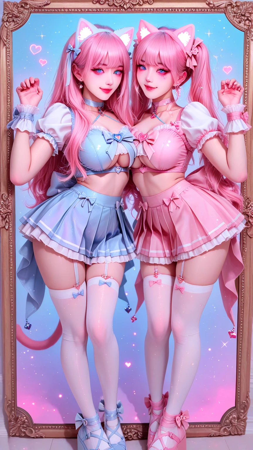 ((2 girls)), ((highest quality)), (super detailed), (very detailed CG 統合 8k 壁紙), very detailed, High-definition RAW color photo, professional photography, ((beautiful big breasts)), ((bare chest)), (pink hair ornament), peanut butter brown hair, wonderful face and eyes, pink eyes, (amazingly beautiful girl), School, (see-through sheer micro bra:1.6), , (Pink babydoll lingerie with detailed frills:1.3)、(Light blue babydoll lingerie with detailed frills:1.3)、Luxuriously designed and brightly colored panties、garter belt、camel toe,