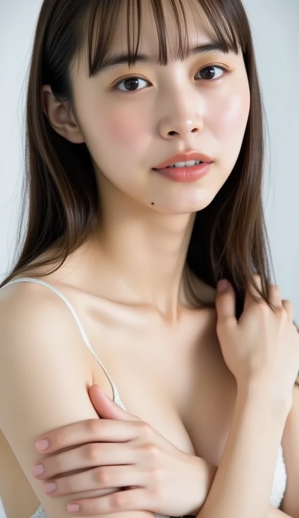 a Japanese girl, very beautiful, nude, naked, no clothes, without clothes, no bra, full body , thighs wide open, medium-sized pink breasts, fair skin, black hair, long hair