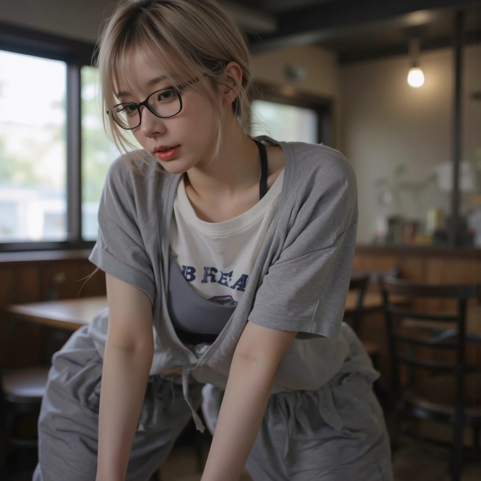 Korean Asian woman wearing glasses and headphones sitting on the bed, with glasses, korean girl, thick glasses, age is 18 years old, 2 2 years old, thicc, 21 years old, beautiful asian girl, asian girl, young and cute girl, with glasses on, spectacled, cutecore, big glass, Cat girl is so cute...,japanese school uniform,braid,Red-Haired