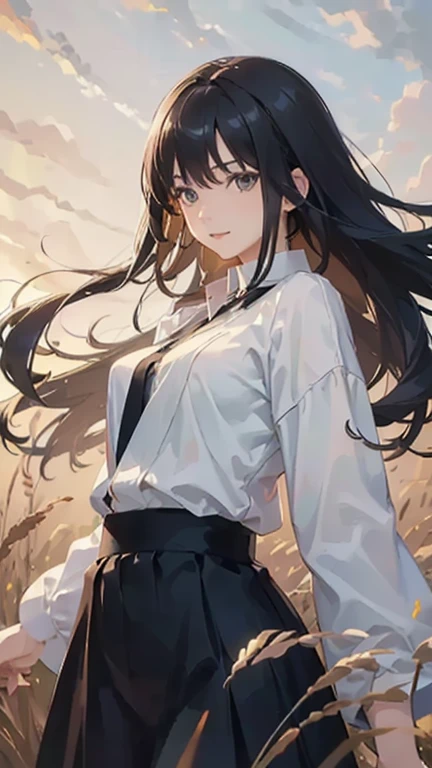 (top quality, masterpiece, high quality, ultra-delicate), ((beautiful girl)), (((adult)), ((Pure Dark black hair)), mature, graceful curves, ((long hair, long bangs)), ((bright green eyes)), ((detailed eyes)), ((large )) nose, bangs, ((white school girl uniform)),, , fashion, thick thighs,big , Good Lighting, beach, Sunset, small smile