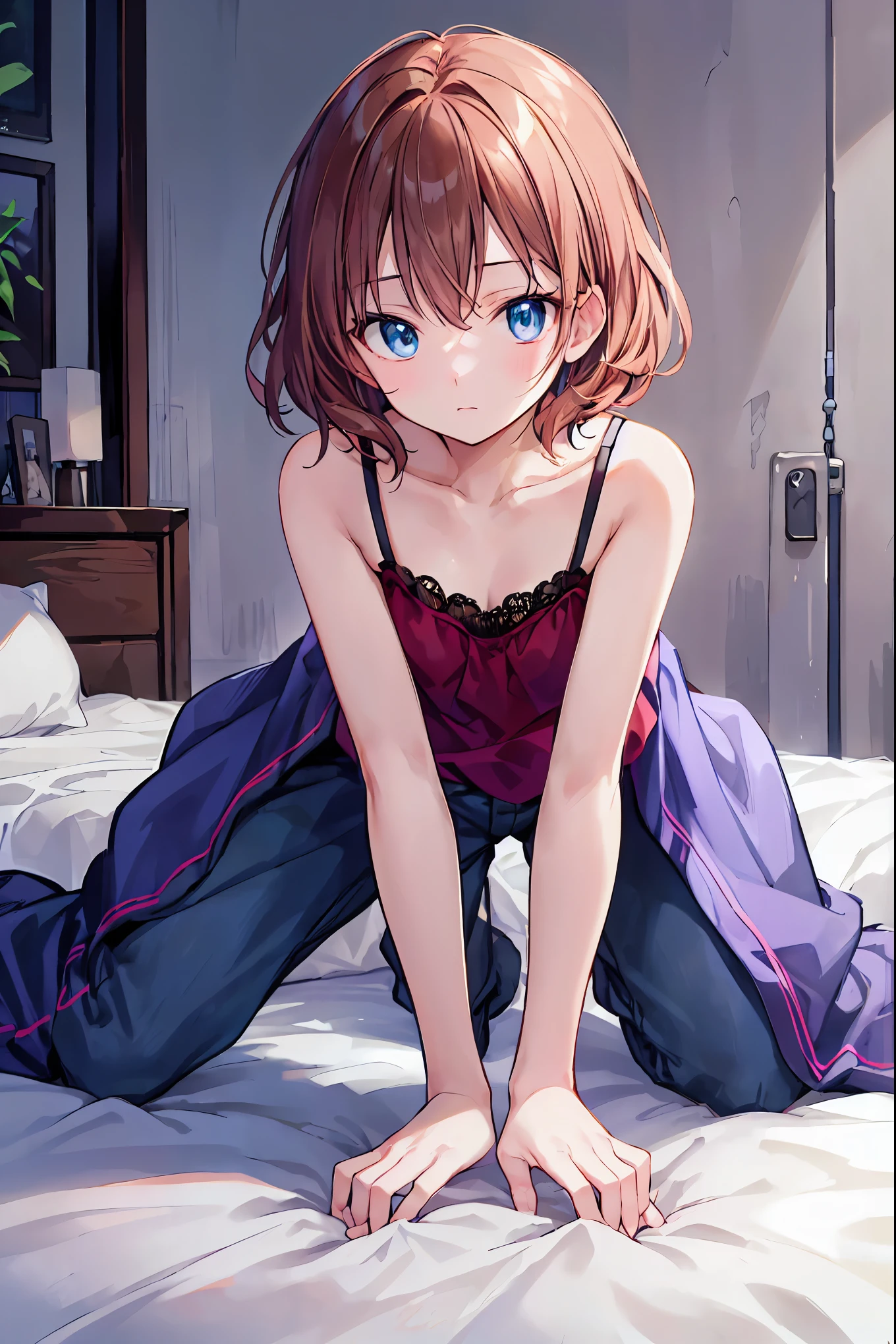 (masterpiece, 4k ,ultra detailed:1.2),(beautiful face:1.2),(anime:1.2),illustration,(solo:1.2),(looking at viewer:1.4),portrait,(supermodel:1.3),(blue school uniform:1.3),(red hair),13yo,(simple choker:1.1),(yellow panties),(string,abs,smartphone,child,small breasts,petite:1.1),(sfw,nipple,flat chest,un dress,:1.4),(from below),(full body:1.2),(flower hair ornament)