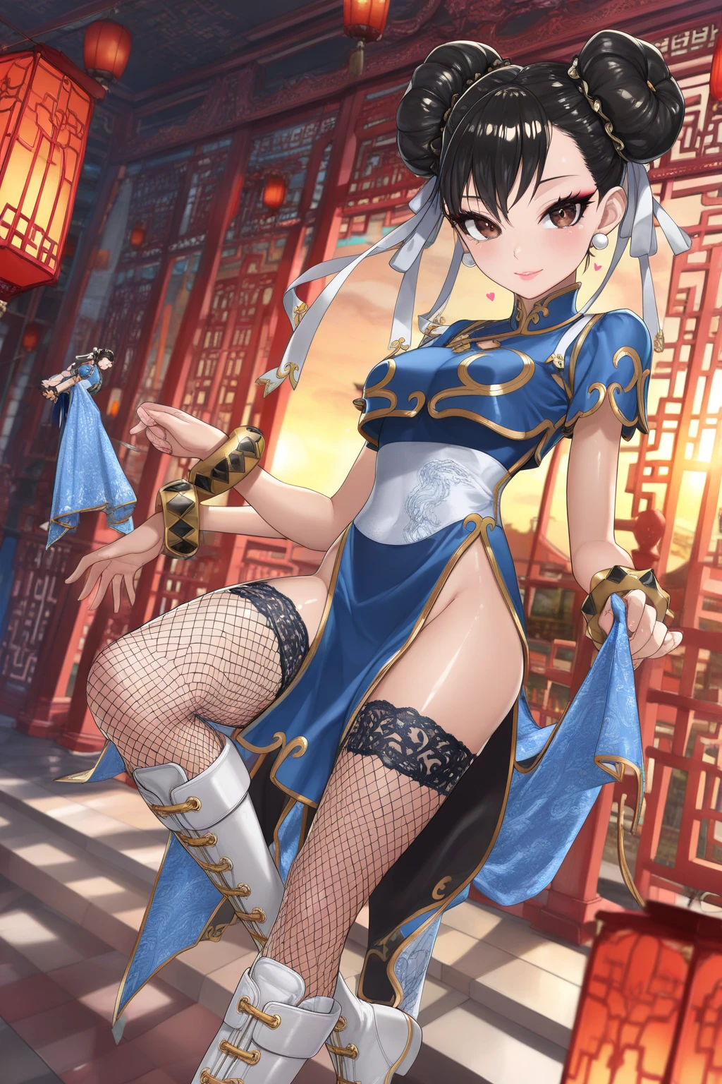 Anime Girl with long thin hair in 2 pigtails and blue ties, anime girl with black hair, off shoulder, Using a white blue short cheongsam, blue stocking, attack sttyle, Front of traditional Chinese building, blue eyes, masterpiece, UHD, Big eyes, blue high heels, White gloves, Chinese outfit, White panties, kick, smile