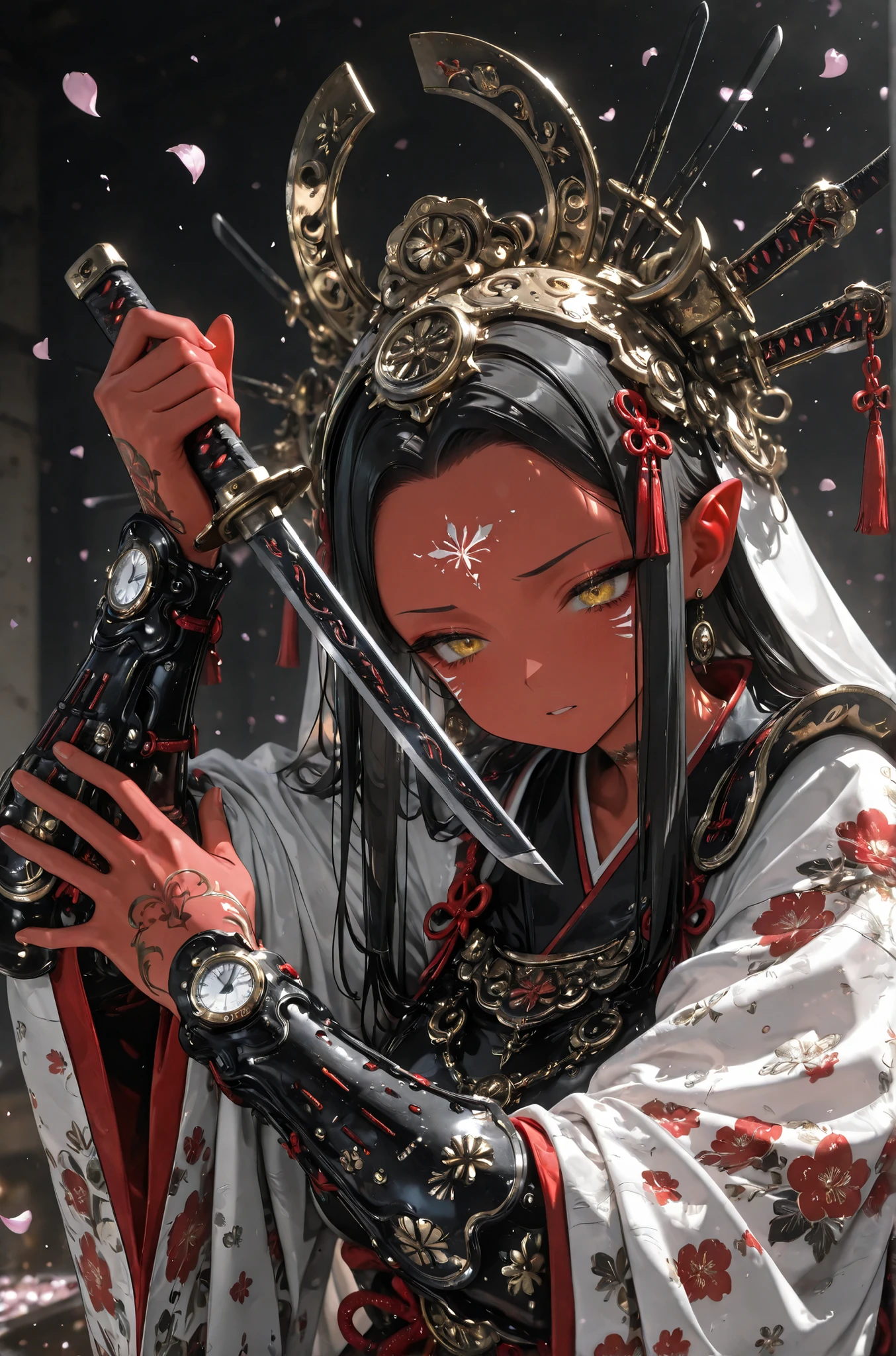 masterpiece, 最High Quality, High Quality, very aesthetic, absurd, Newest,1girl, light, Watch Viewers, solo, cinematic lighting, gradation color, gorgeous girl BREAK masterpiece, great quality, 最High Quality, ultra detail, 8k, Illustration, CG, ultra detail-eyes, detailed background, cute girl, Lashes, erotic, like,  petals falling, BREAK (sexy, Lewd, Hot, excited), Red Demon, They, coloRed skin, Red skin, Sculpture, threat, Closeup, weapons, (knives,:1.2) holding, holding weapons, holding sword, holding knives, engraved knives, Satu Pose,  hands, 1girl, solo, Watch Viewers, (headgear,:1.2) Saishi, Japanese Armor, copper, side lighting,  petals, falling  petals, floral print, Shoulder Armor, Gauntlet, White cape, Arm guard, ,
