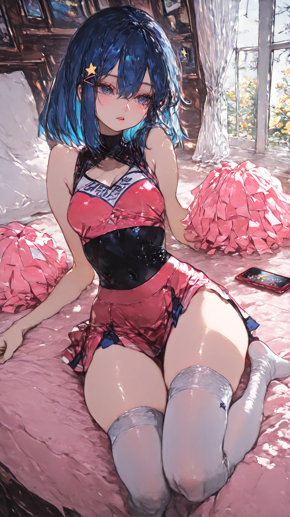 score_9, score_8_up, score_7_up, score_6_up, uncensored, ichika nakano, short hair, bangs, blue eyes, hair between eyes, pink hair, BREAK detailed eyes, beautiful eyes, perfect eyes, assertive female, (perfect hands, perfect anatomy), detailed skin texture, (blush:0.5), (goosebumps:0.5), excessive sweating, sweating profusely, sweating drop BREAK, ruanyi0850, checkered sash, open kimono, pink panties, pink kimono, wide sleeves, leg warmers, tattoo, black jacket, 1girl, breasts, hitachi magic wand, sex toy, solo, vibrator, pillow, looking at viewer, large breasts, lying, on back, parted lips, smile, futon, arms up, on bed, collarbone, lips, feet out of frame, tatami, half-closed eyes, seductive smile, wide hips, narrow waist, mature body, 