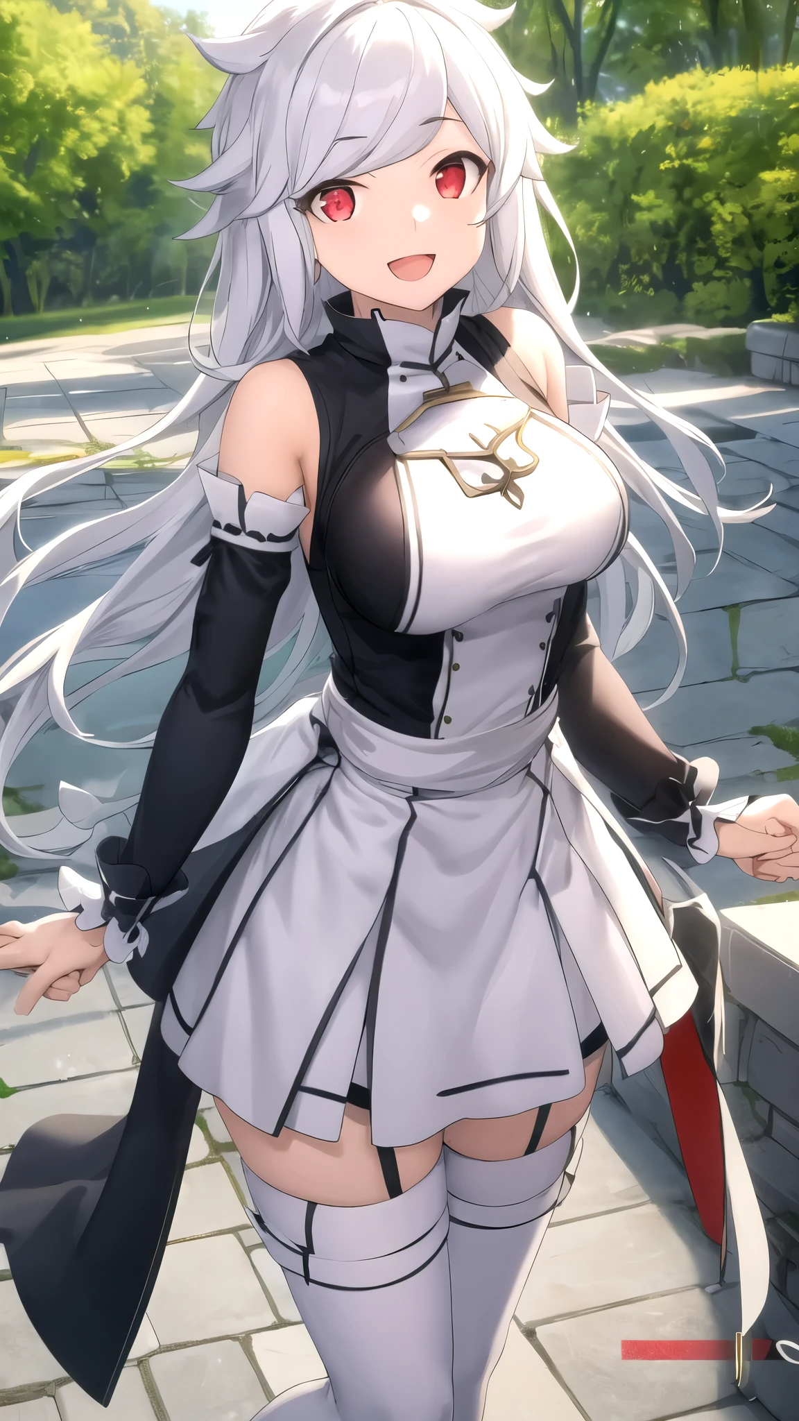 4K,High resolution,one woman,White-purple hair,long ponytail,green eyes,big breasts,knight,白色のknightの鎧,heavy armor,side boob,Maid clothes,Long sword,Inside the castle