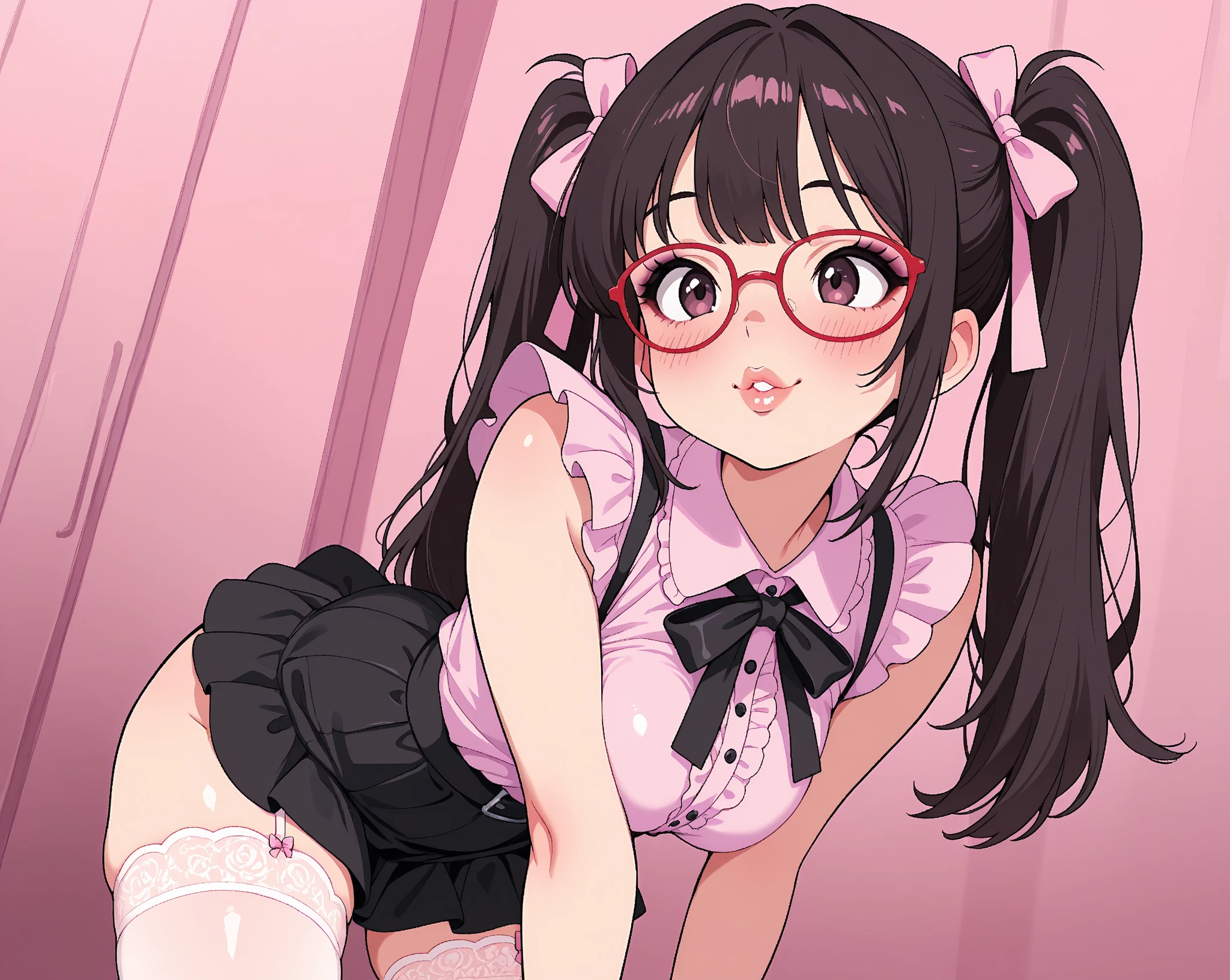 ultra-detailliert, Best Quality, High resolution, ((A petite, black-haired girl with a large face and cute droopy eyes, who wears round glasses and looks up.)), Pretty eyes, Detailed eye depiction, Eye sparkle, Looking at Viewer, pale skin, (((Petite))), (flat chest:1.4), (blush:1.2), (big eye:1.4), a smile, in a pool, Focus on the face, Long hair with twin tails、((super close up of tongue)), (((from above))), open_mouth, (((face only))), ((naked)), nsfw, Chibichara