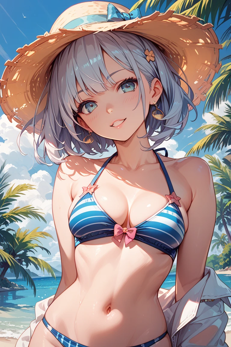 ((highest quality))、((masterpiece))、(detailed)、masterpiece,best quality, high quality,ulutra detailed、((soro girl2.5))、whole body、Mina is in a different location.、((whole body))、BREAK((he is short、girl、Cat ear、Blue Eyes、Silver Bob Hair))、Bikini Swimwear、Background of a beach umbrella stuck on the beach、Hold a large beach ball in both hands