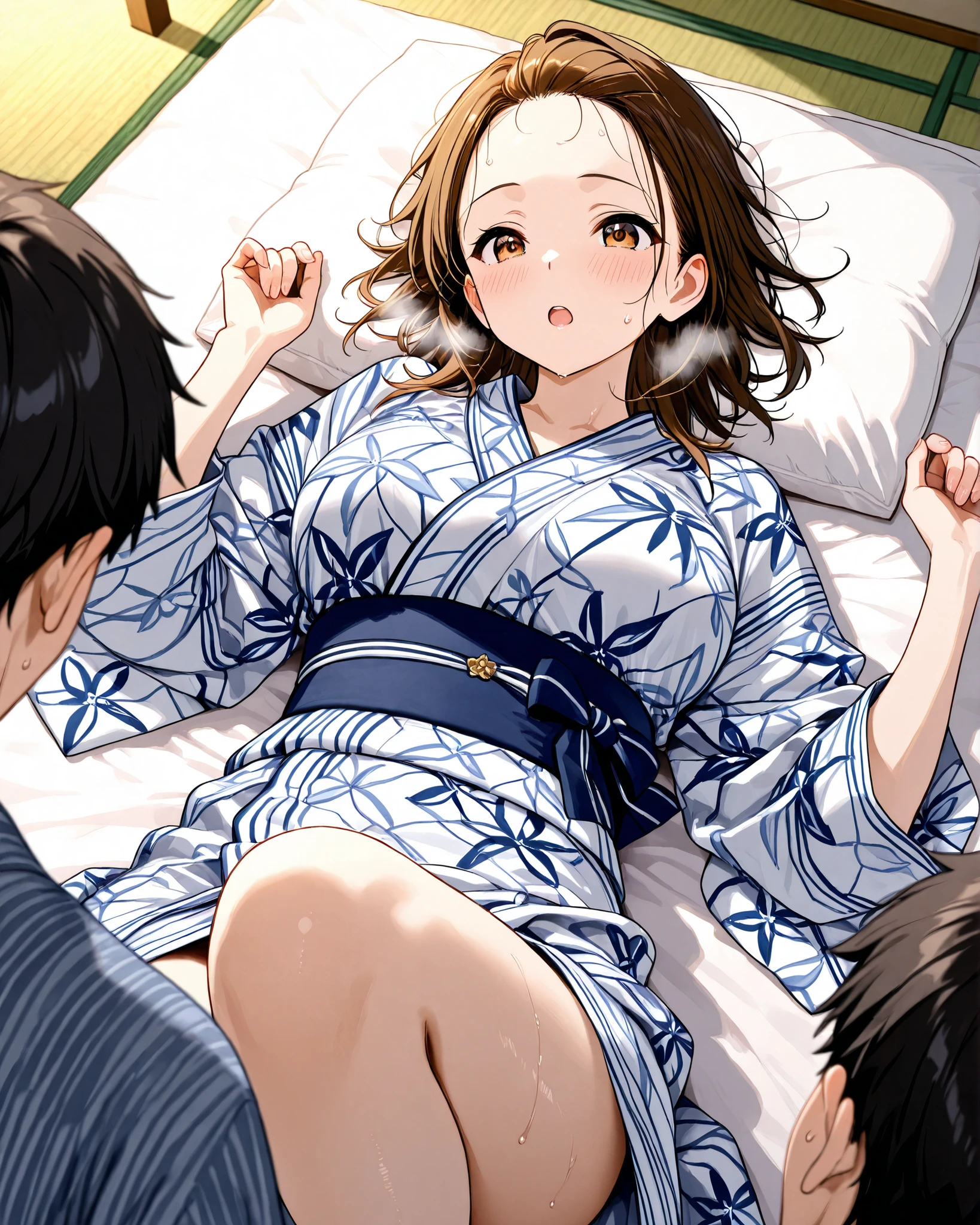 (surrounded by lots of guys)、bust up、dynamic angle、close-up、patterned yukata、 Early pregnancy、married woman、Forehead、Ryokan、Tatami room、futon、pillow、excitement、sweat、Breathe