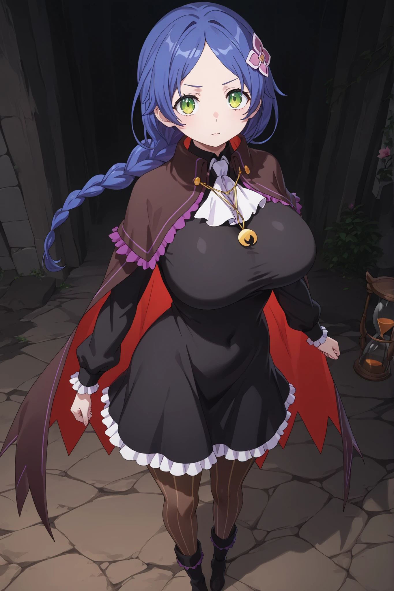 huge breasts,solo,4ssassinmeili, blue hair, green eyes, long hair, single braid, ,black dress, brown pantyhose, vertical-striped pantyhose, frills, white ascot, black cloak, cape, two-sided fabric, crescent pendant, flower hair ornament, ,hourglass body shape,large breasts,round breasts,busty breasts,Beautiful woman with refined yellow-green eyes and an equaled well-formed nose. Her long dark-blue hair is kept out of her face and tied into a triple-braid that flows down to her hips. A pink flower ornament with white outlining is framed to the left side of her head. Her ensemble consists of a long-sleeved black one-piece dress with a frilly white hem and white cone-shaped cuffs, brown tights with vertical-facing lighter brown stripes, a white cravat, and a pair of black boots that have cuffs with purple feathery trimming along their edge. Her dress has a black collar and reaches past her hips. Wears a long purple-brown cloak that reaches down to her ankles and has purple trimmings and a golden pendant serving as a strap.