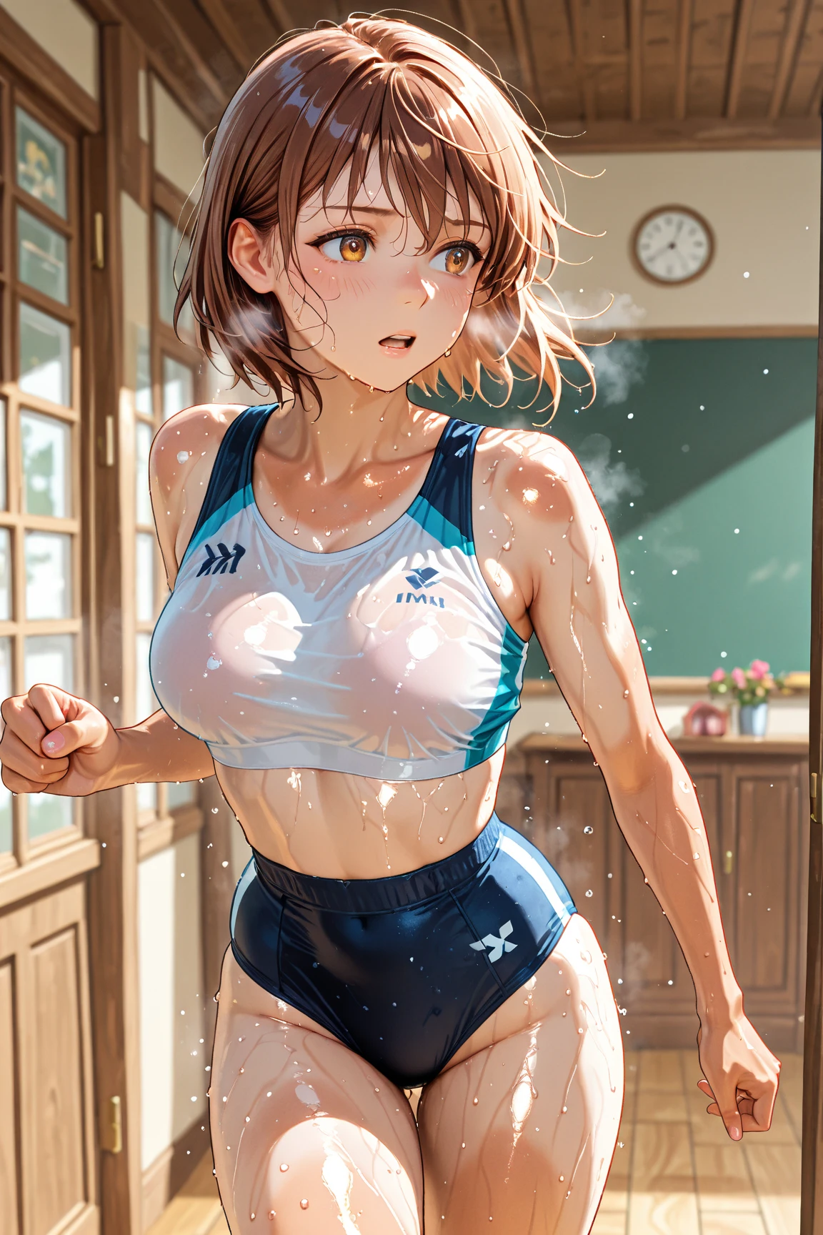 1womanl,Golden hair,14 year old beautiful breasts,(((白のsee -through半袖体操服)),((Blue shorts、Smile with open mouth)),((()Wet with sweat)),((( portlate))),Crowds,(()),((athletic field)),(((see -through))),outside of house,,Beautiful ponytail,(((Bra visible through T-shirt)))((Black Sports Bra))