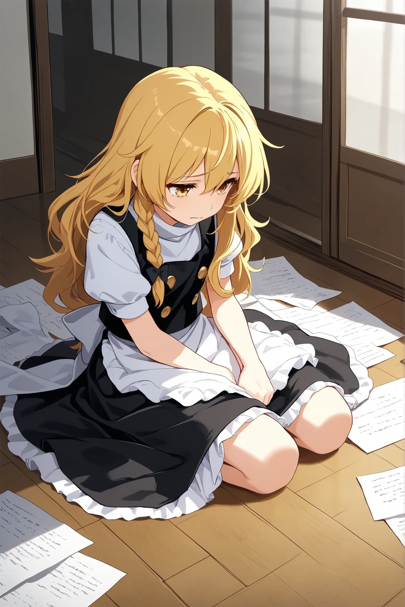 (Quality, 4k, A High Resolution, Masterpiece), Marisa Kirisame, blonde hair, long hair, side braid, golden eyes, sad, looking at the floor, kneeling among a pile of sheets of paper thrown on the floor