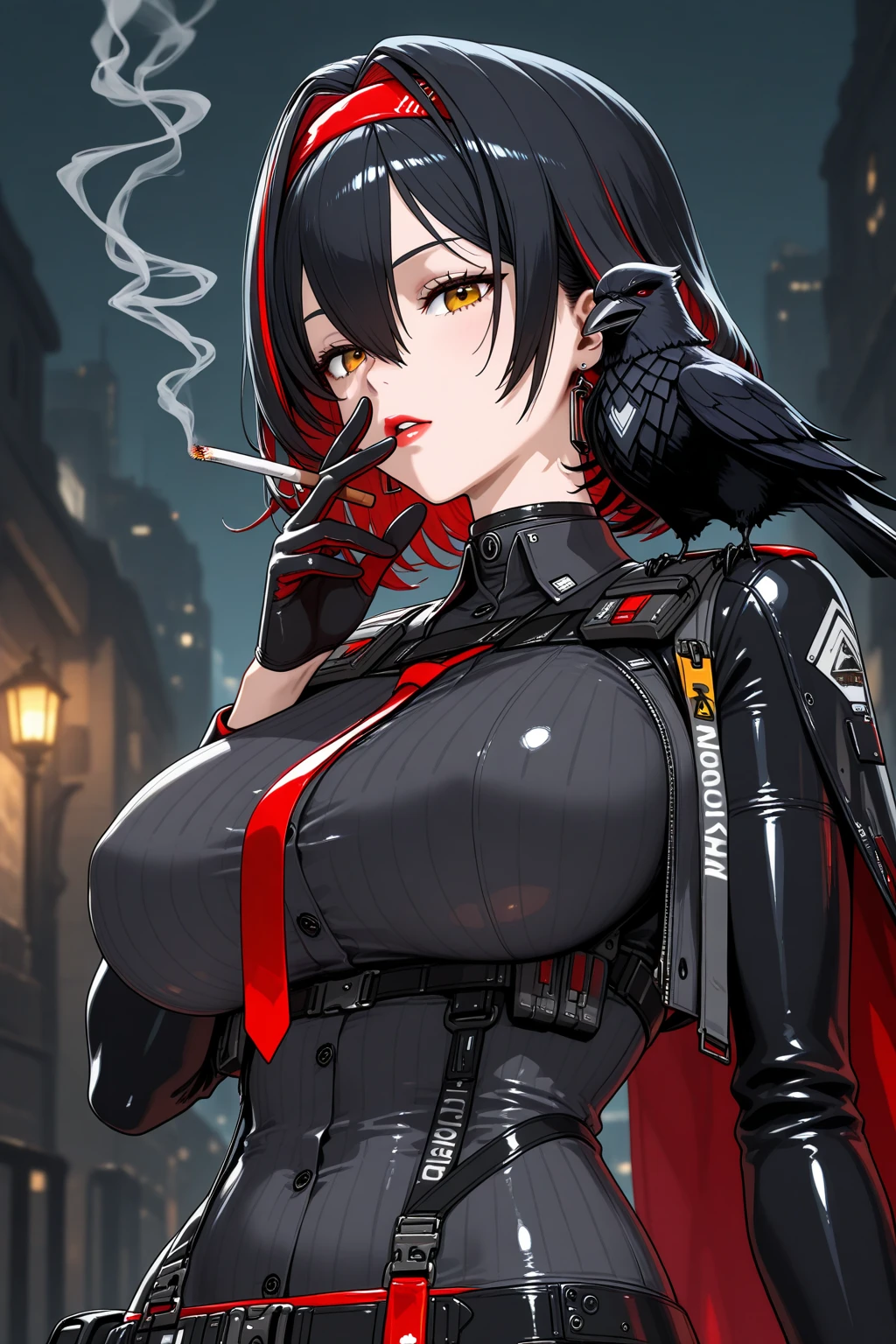 masterpiece, best quality, absurdres, <lora:maiden-nikke-richy-v1-000010:1>, maidendef, hair flower, hair ornament, black coat, long sleeves, cleavage, belt, black thighhighs, mask, garter straps, knee boots, black gloves, fingerless gloves, spikes,