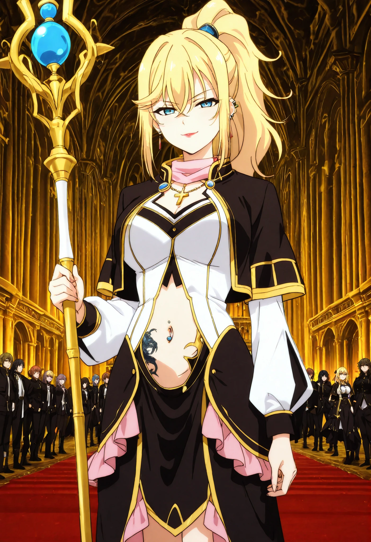 masterpiece,high quality,highres,8k,anime screencap,
1girl,blonde hair,long hair,ponytail,blue eyes,bare midriff,cleavage,detached sleeves,frilled dress,jewelry,necklace,black jacket,black capelet,pink frills,pink collar,navel cutout black skirt,white shirt, cleavage cutout, cleavage,
(Character),score_9, score_8_up, score_7_up, very aesthetic, source_anime, detailed, high quality, beautiful, masterpiece, detailed eyes, , cowboy shot, light smile, half-closed eyes, , looking at viewer., navel piercing , architecture,, palace,ear piercing, , lipstick,Hot girl, baddie, sensual, attractive, , holding staff ,castle,inside castle, , cross necklace, choker, jewelry, earrings, , medium large ,looking at viewer , dragon tattoo on waist, narrowed eyes, tattoo on waist, anipai_style , anime screencap , anime coloring, v-shape eyebrows,