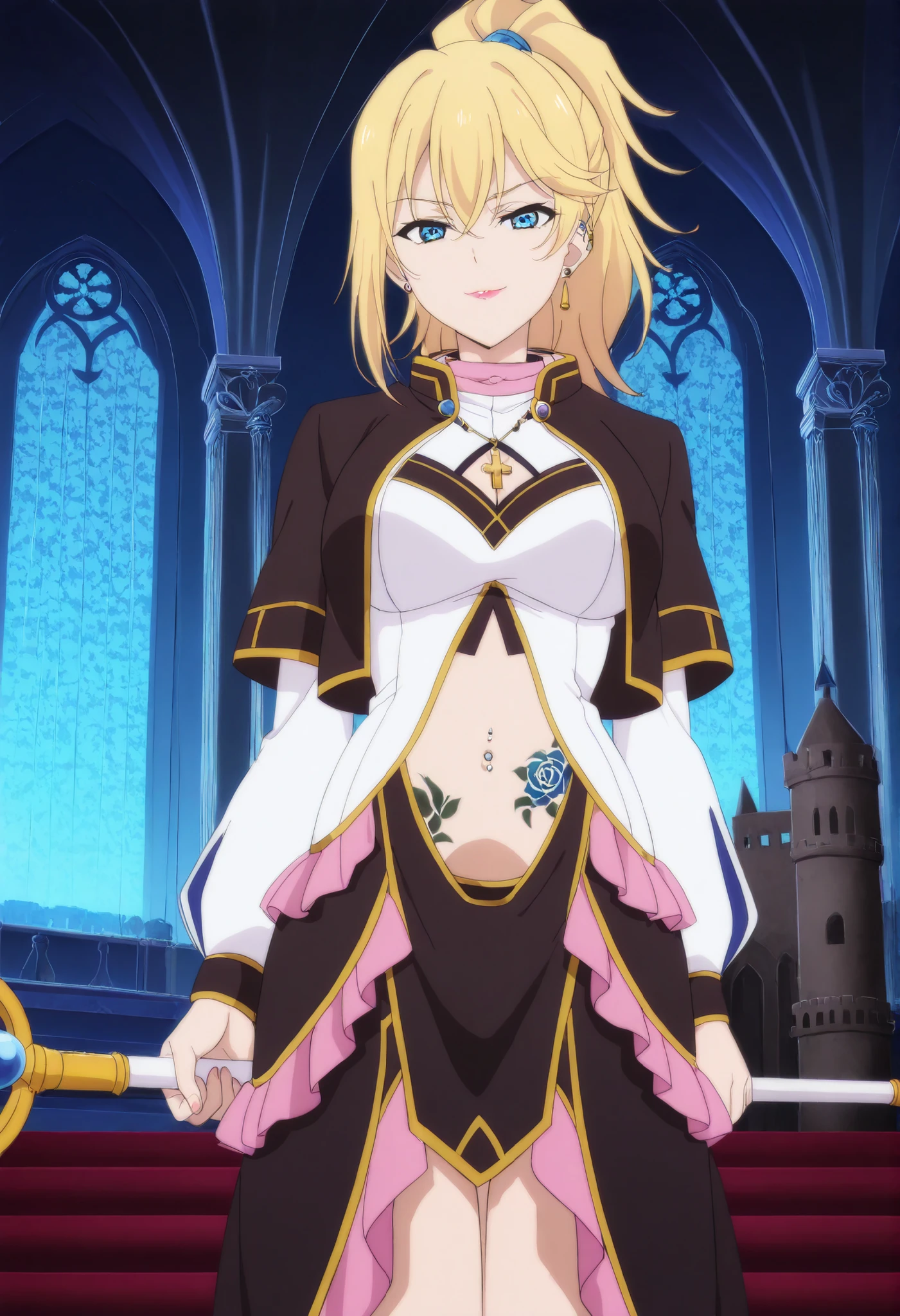 masterpiece,high quality,highres,8k,anime screencap,
1girl,blonde hair,long hair,ponytail,blue eyes,bare midriff,cleavage,detached sleeves,frilled dress,jewelry,necklace,black jacket,black capelet,pink frills,pink collar,navel cutout black skirt,white shirt, cleavage cutout,  cleavage,
(Character),score_9, score_8_up, score_7_up, very aesthetic, source_anime, detailed, high quality, beautiful, masterpiece, detailed eyes, , cowboy shot, light smile,  half-closed eyes, , looking at viewer., navel piercing ,  architecture,, palace,ear piercing, , lipstick,Hot girl, baddie, sensual, attractive, , holding staff ,castle,inside castle, , cross necklace, choker, jewelry, earrings, , medium large  ,looking at viewer , dragon tattoo on waist, narrowed eyes, tattoo on waist, anipai_style , anime screencap , anime coloring, v-shape eyebrows,