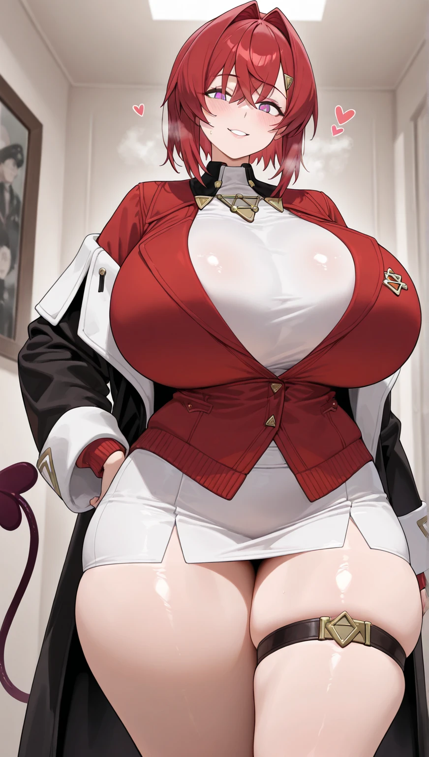 masterpiece, best quality,1girl,young girl, lovely_purple eyes, dark red, frohawk,arrogant _face,shiny skin, (saggy breasts:1.2),nice leg line:1.3,thick thighs, plump, looking at viewer,random pose,dynamic angle, ((curvy body)), ((giant fat booty)), nsfw, lewd, bliss, bedroom, very darkly lit, happy, pubic hair, exposed crotch, thick round nipples , (happy:1.2), mischievous smile