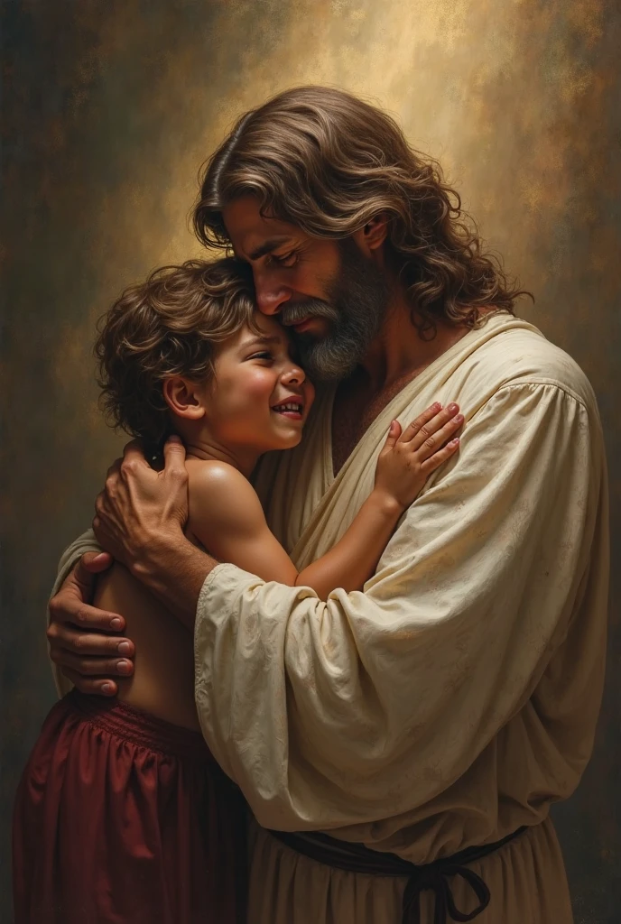 Jesus talking to a small girl who is seated on table