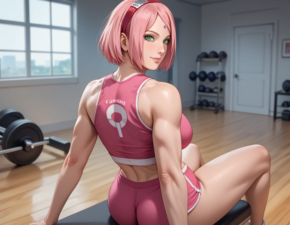anime style, masterpiece, best quality, absurdres, 1girl, <lora:Sakura[Boruto]V2:0.7>, haruno sakura, side bangs, forehead mark, red hairband, red sports bra, (looking at viewer, boots), green eyes,  cameltoe, <lora:sweat_lotion_v2:0.5>, sweat, (muscular female, abs, lats, calf, thigh, calves, quadriceps:1.2),  sexy, seductive, cleavage, squatting, exercise, (gym, fullbody)