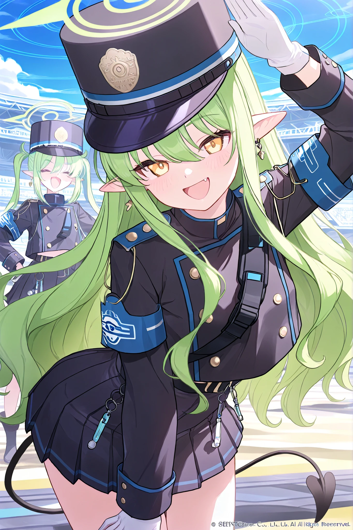 hikari_\(blue archive\),nozomi_\(blue archive\),yellow eyes,green hair,long hair,earring,pointy ears,halo,tail,jacket,skirt,arm band,white 2girls「Lily」「2girls」 2girls、2girls、Lily、2girls,best quality Best Quality Official Art Best quality, best quality ( best quality )、(Nonsense)、( very detailed)、( very beautiful way to hold ) information best quality 、 Ultra-fine、Most HD、 very detailed、masterpiece、 best quality 、{{ beautiful face and attention to detail}}、cheek、 Ecstatic face、 drunk 、 (masterpiece))、( best quality )( very detailed)、( very aesthetic)( best quality )、(Nonsense)、( very detailed)、( Very Beautiful )