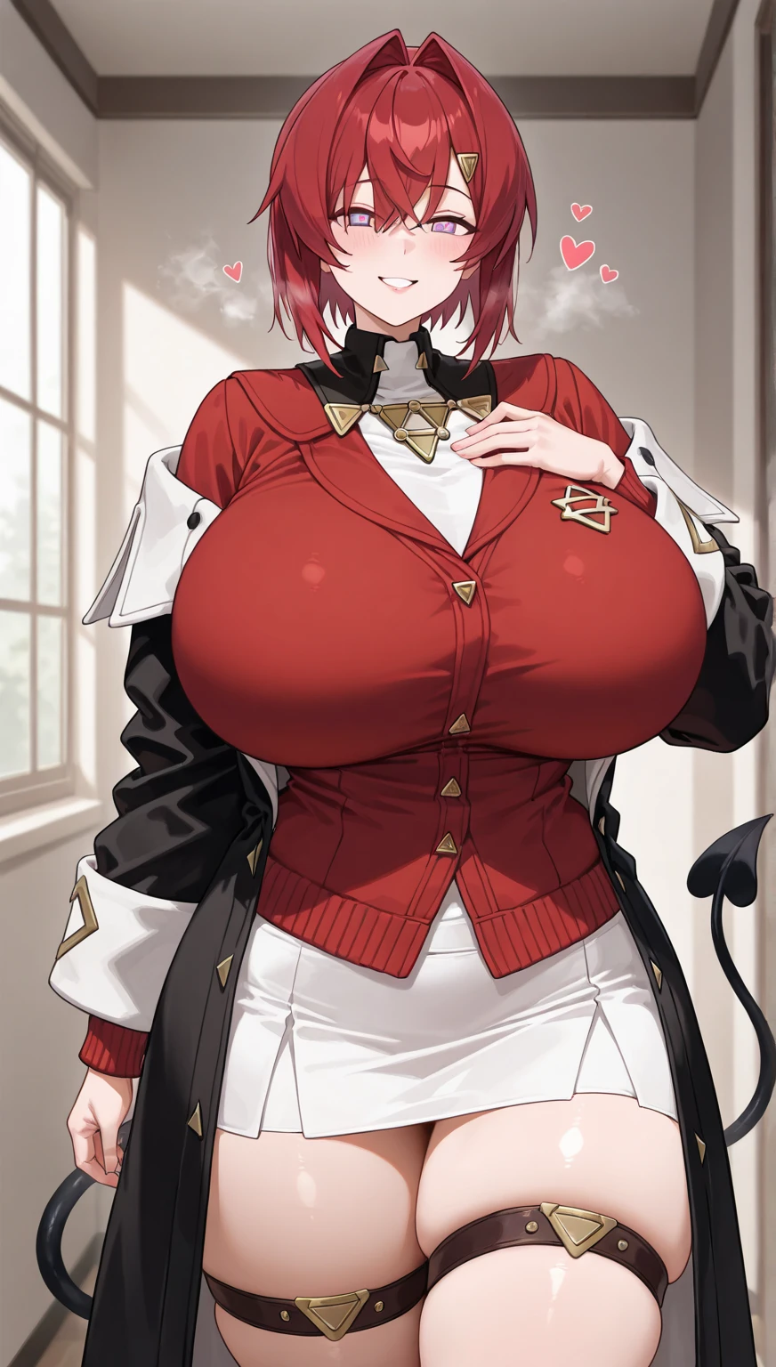 girl, White blouse, mini skirt, Black Pantyhose, white overcoat,  Are standing, Glamorous clothing, Complex clothing,, A familiar face, Brown and gold tones, Day、Braided Hair、I-cup breasts、Protruding chest、Protruding buttocks、Red color hair、Short Hair