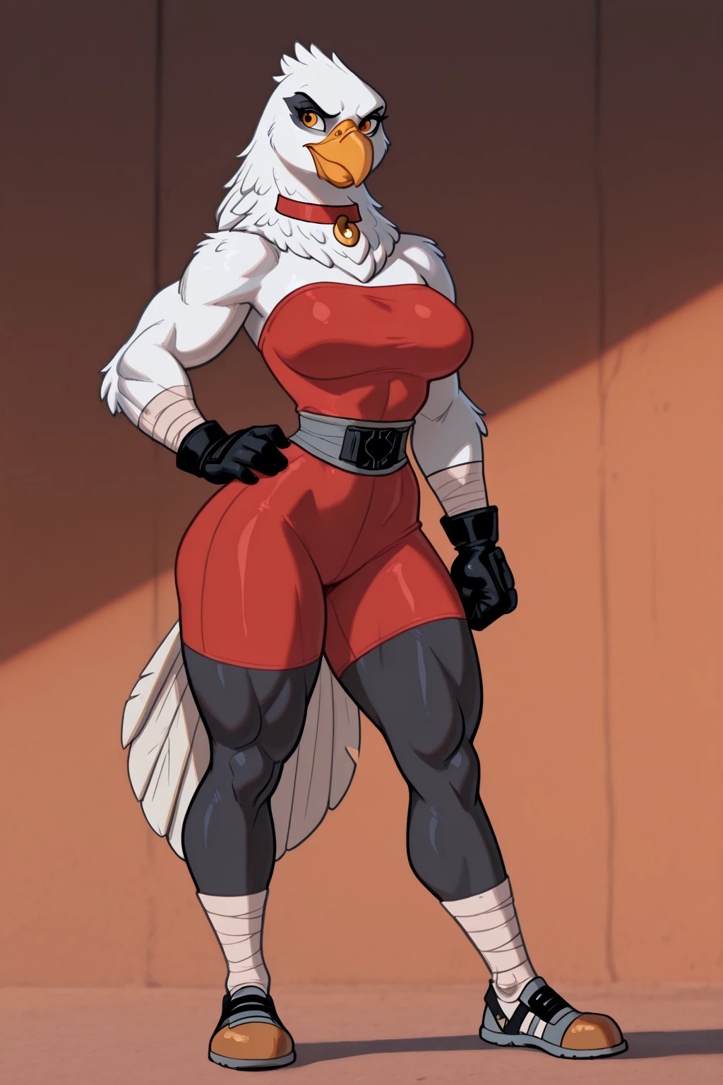 (plain background, 8k, best quality, masterpiece, realistic, photo-realistic:1.37) (full body height standing straight symmetrical contrapposto) (looking at viewer) 2legs apart (wide stance) ultra detailed, 1solo cute girl (beautiful detailed eyes) (smile:1.2) (closed mouth) view from below depth of field, good composition, bob hair, perfect knockers, suspenders, toned body, athletic, wide hips, thin waist, toned arms, exposed abdomen, abs toned, navel, big belly button belt ((red cheeks, red eyes, red tank top, red thong, red gloves gauntlets, red stockings thighs)) (Roxanne fluffy ears, dog ears, blonde hair)