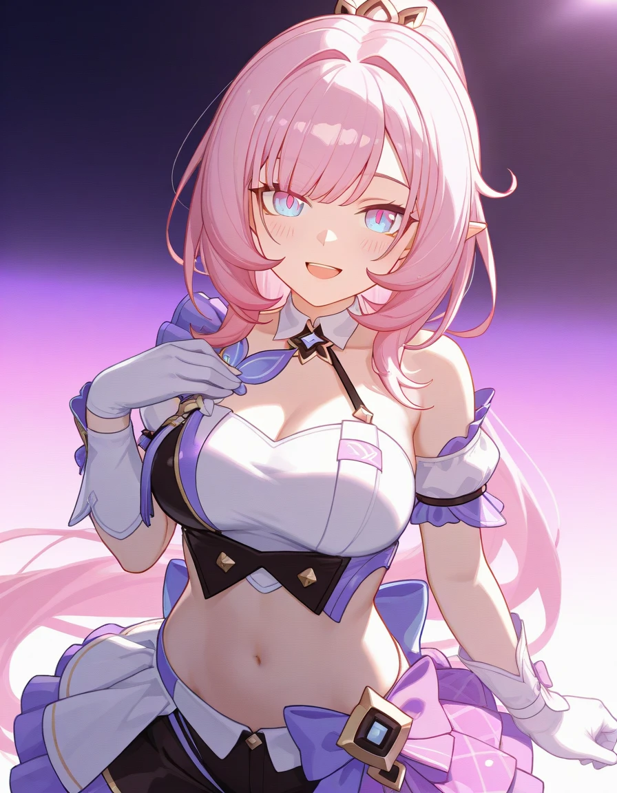 <lora:Ironmouse:0.8> ironmouse, purple eyes, pink hair, purple hair, streaked hair, two side up, horns, smile, one eye closed, heats, <lora:zs_CoronetArmor:1> pink and purple p4coronetarmor, blowing kiss, cowboy shot, reaching towards viewer, head tilt,, absurdres, ultra detailed, masterpiece, best quality, aesthetic, detailed,
