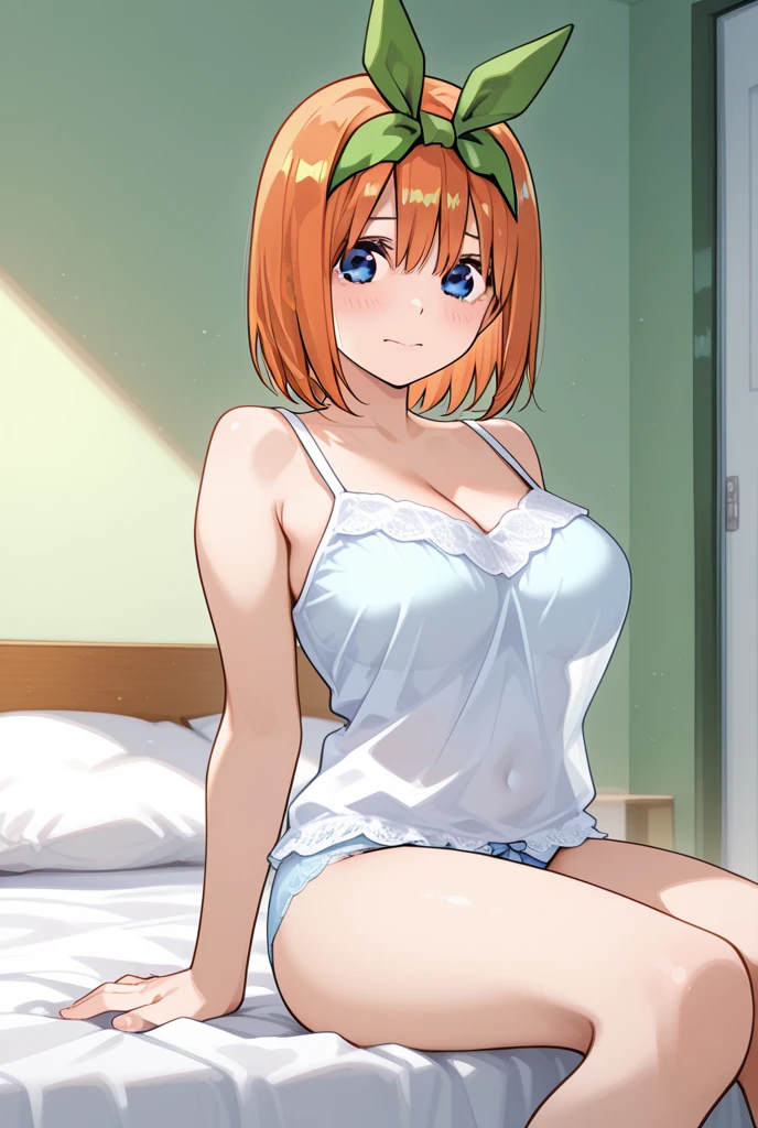 Honoka Kosaka Orange Hair Blue eyes short hair One-sided ponytail Orange nightgown White garter belt smile Larger breasts night Love Hotel Seduce Sit on the bed night景 Dark Room Room lighting Holding an orange cocktail