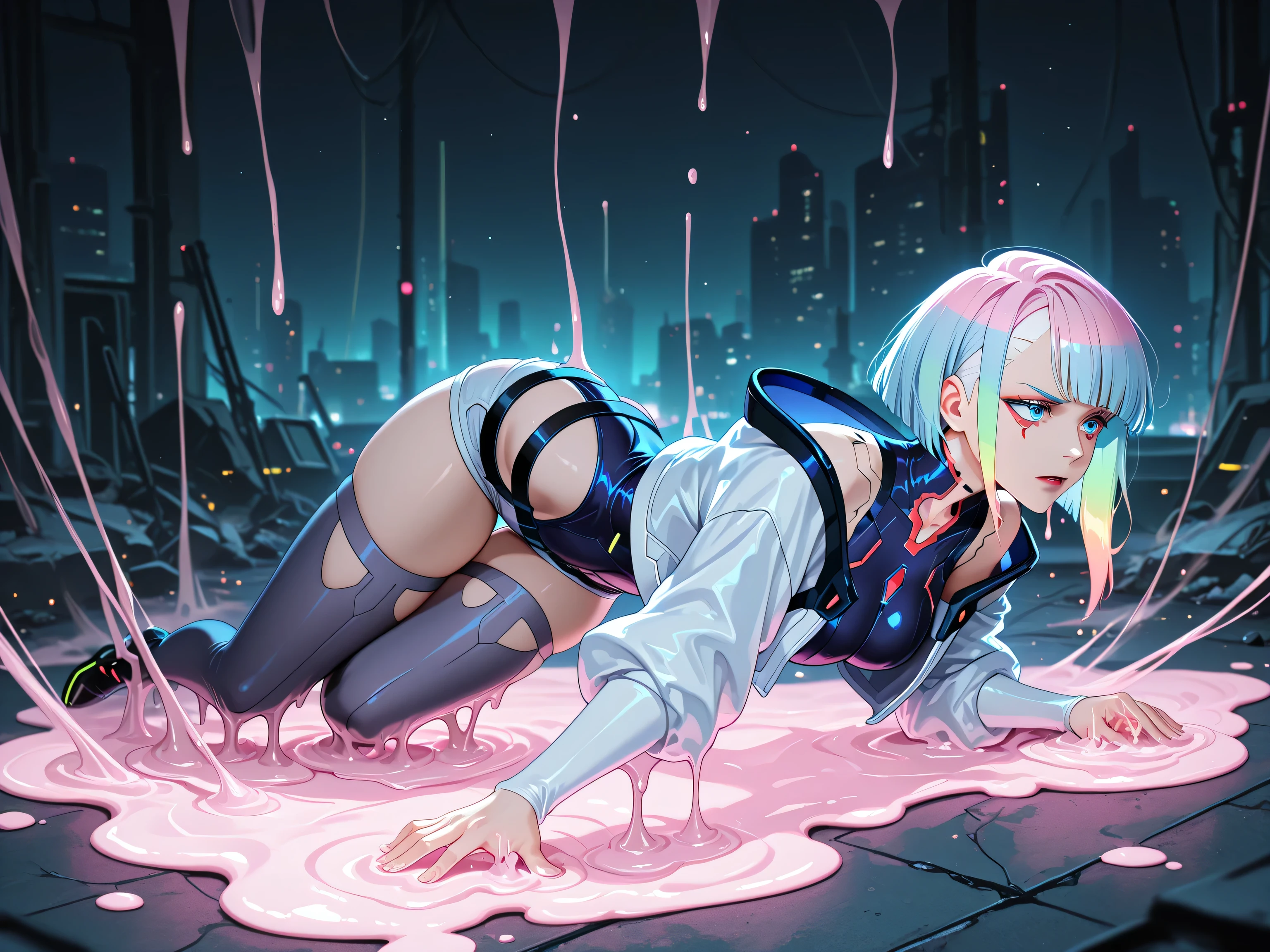 sexy adult lucy \(cyberpunk\) melting completely:1.0, fully melted:1.0, melt into a puddle:1.0, multicolored hair, short hair, solo, blue eyes, turtleneck leotard, short shorts, thighhighs, melting clothes, high definition eyes,detailed eyes, ethereal image, nice image composition, dynamic pose, dynamic scene